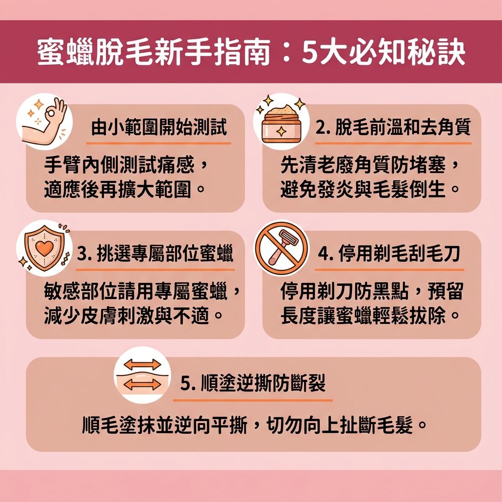 這是一張台灣健康部落格風格的 1:1 正方形資訊圖表，主題為蜜蠟脫毛教學與蜜蠟脫毛好處。圖表教導讀者如何減少蜜蠟脫毛痛楚與避免蜜蠟脫毛副作用。為避免拔毛後遺症，脫毛前應使用溫和去角質產品清理老廢角質，這有助於解決毛囊發炎並改善毛髮倒生。

操作時可依部位選擇硬蠟、軟蠟或珍珠蠟（蜜蠟）。正確的脫毛前後護理及私密處脫毛保養能保護皮膚與毛孔，有效舒緩脫毛紅腫（預防紅腫與炎症），並避免皮膚灼傷。日常停用剃刀與脫毛膏能減少色素沉澱，避免黑色素累積。

若敏感肌希望一勞永逸，建議選擇專業脫毛中心，或參考家用脫毛機比較以了解激光脫毛原理。透過專業醫生操作的激光儀器，釋放特定波長與能量，搭配冰感技術，能安全破壞毛囊中的毛髮。挑選適合脫毛季節進行無痛激光脫毛，不僅能收細粗大毛孔，更能達到永久脫毛效果。
