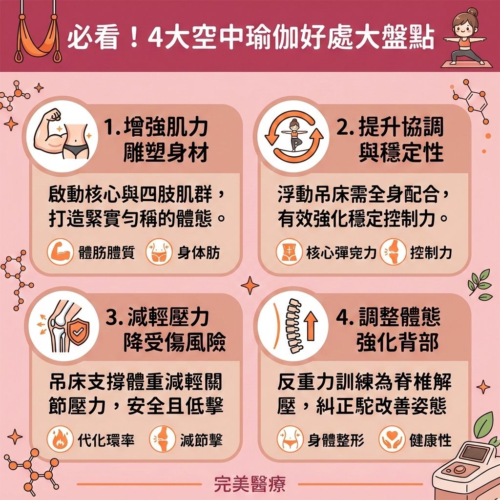這是一張台灣健康部落格風格的 1:1 正方形資訊圖表，詳細介紹空中瑜伽這項結合有氧運動的塑身運動。透過懸掛的絹布吊床，能有效減輕脊椎壓力並為脊椎與關節解壓，幫助舒緩肩頸痛楚與改善不良姿勢。這項運動不僅能提升身體柔軟度與柔韌度，還能鍛鍊深層肌肉，達到增強核心力量的效果，全面強化核心肌群。

持續練習能促進血液循環與活化淋巴系統，有助於促進淋巴排毒，對於改善下半身水腫與消除水腫效果顯著，進而改善睡眠質素。空中瑜伽能有效提升基礎代謝與整體的基礎代謝率，加速新陳代謝，增加肌肉量並消耗大量卡路里。這有助於燃燒全身脂肪，降低體脂率，精準打擊內臟脂肪與皮下脂肪，幫助您突破減肥停滯期，成功打造易瘦體質與預防脂肪積聚。

無論是為了消除局部贅肉、塑造修長線條或是產後修身塑形，空中瑜伽都是極佳選擇。若想尋求更快速直接的無創減脂療程，醫學美容能提供專業輔助。香港完美醫療提供專屬的溶脂科技與專屬瘦身方案，透過精準的醫美定位修形，能安全有效地為您重塑迷人體態！