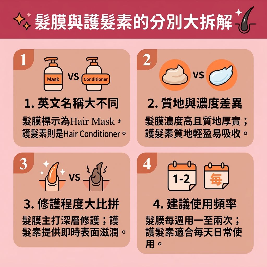 這是一張 1:1 正方形的可愛醫美資訊圖表，教導大家【居家頭髮護理】與【染燙後續保養】。圖中比較【髮膜】與【護髮素】的分別。使用【洗頭水】後，【頭皮】的【皮脂腺】若分泌過多【頭油】會堵塞【毛囊】。為【滋養脆弱髮根】與保護【髮根】，我們需做好【鎖水保濕護理】。

【髮膜】能【深層滋潤頭髮】，為【髮絲】與【髮尾】提供【蛋白質】、【水分】、【氨基酸】及【角蛋白】。這能【修復受損髮絲】、【改善頭髮乾燥】及【解決頭髮開叉】，媲美【專業護髮療程】。而【護髮素】能迅速【閉合毛鱗片】與保護【角質層】，幫助【撫平頭髮毛躁】、【減少頭髮打結】及【改善髮質粗糙】。

日常搭配【護髮油】，能有效【隔離外界刺激】（如【紫外線】）、【減少熱力傷害】（如吹整【熱力】）並減少【靜電】。這套流程能【防止頭髮斷裂】、【改善細軟髮質】、【提升髮絲彈性】並【補充頭髮營養】，最終大幅【增加頭髮光澤】！