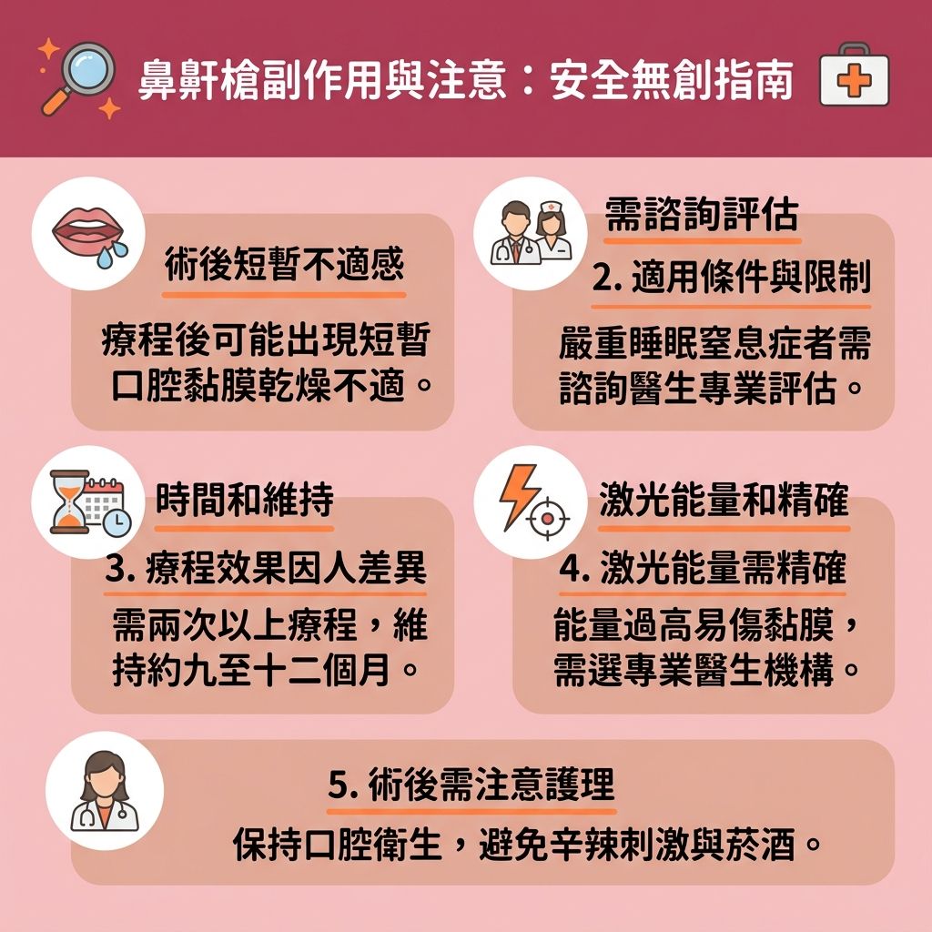 這是一張台灣健康部落格風格的 1:1 正方形扁平化資訊圖表，詳細解析鼻鼾槍的副作用與注意事項。作為一種尋求解決鼻鼾方法的安全無創技術與無創止鼾療程，它利用特殊探頭發射激光的能量，精準刺激膠原增生（補充流失的膠原蛋白），有效收緊喉嚨肌肉及軟顎。這種無痛止鼾技術能避免傳統手術的痛楚與漫長恢復期，達到卓越的激光止鼾效果，幫助擴張上呼吸道、改善呼吸道阻塞並保持呼吸道暢通。

雖然能減輕鼻鼾，提升並改善睡眠質素（整體的睡眠質素），但部分人在療程後可能感到喉嚨輕微不適、短暫吞嚥困難或口腔黏膜乾燥，需多喝水來舒緩喉嚨乾涸。若患有嚴重的睡眠窒息症（尤其是阻塞性睡眠窒息症），常伴隨睡眠缺氧症狀，建議先前往專業診所尋求醫生進行詳細的睡眠測試診斷。醫生會評估喉嚨肌肉與呼吸道狀況，制定專屬的睡眠窒息症治療方案，以有效降低停止呼吸頻率並減輕日間疲倦，助你重拾健康生活。