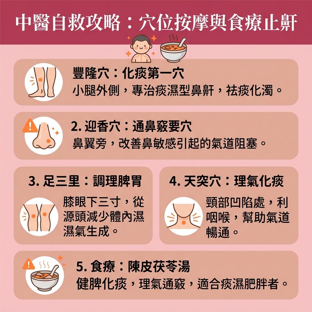 這是一張台灣健康部落格風格的 1:1 正方形扁平化資訊圖表，主題為「中醫自救攻略」，教導大眾實用的【解決鼻鼾方法】與【中醫調理鼻鼾】秘訣。圖表詳細描述如何透過進行【穴位按摩通鼻塞】（如按壓【迎香穴】與【印堂穴】等【穴位】）來【舒緩鼻敏感症狀】及【緩解鼻塞流涕】。當【脾胃】虛弱引發【痰濕】與【肥胖】時，會影響【經絡】、【氣血】與【肺氣】，造成【呼吸道】狹窄與【肌肉】、【舌頭】鬆弛，引發嚴重的【鼻鼾】與【睡眠窒息症】。

透過【中醫】的【針灸】或日常指壓，能有效【疏通經絡氣血】並【調整氣血陰陽】。配合【中藥】食療【健脾化痰】，能【減少痰液分泌】。這些方法有助於【改善呼吸道阻塞】、【保持呼吸道暢通】與【改善用口呼吸】，進而【降低鼻鼾頻率】與【改善打呼嚕】。

對於深受困擾的【體質】者，尋求專業【診所】的【醫師】進行【針灸治療鼻鼾】或安排【睡眠測試診斷】，是【改善睡眠質素】（【提升睡眠質素】）的關鍵，同時能【減輕日間疲倦】並及早【預防心血管疾病】，讓你重拾健康安穩的睡眠。