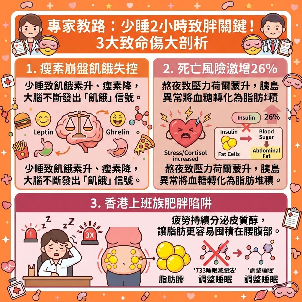 這是一張正方形 1:1 的向量資訊圖表插畫，仿效台灣健康部落格資訊格風格，可愛且具教育性醫美感。圖片頂部有標題「專家教路：睡眠減肥法4大夜間燃脂撇步」，並配有傳統香港繁體中文「方圓體」字體。
插畫分為四個主要的內容網格，各網格均有不同的配色方案。第一個網格「平衡食慾訊號」，說明深層睡眠能提升體內「瘦素」濃度（一種與「褪黑激素」調節有關的抑制食慾睡眠荷爾蒙），同時控制「飢餓素」，抑制食慾，並降低對高糖高脂卡路里食物的渴望。
第二個網格「提升夜間代謝」，展示深睡能「提升基礎代謝」與身體代謝率，加速身體自我修復並分解「脂肪細胞」，避免因為「輕斷食」或飲食不當導致的代謝減緩，即使在靜態休息狀態下也能持續「燃燒深層脂肪」。
第三個網格「調節壓力荷爾蒙」，呈現睡眠能促進「血清素」分泌，穩定情緒與控制胰島素、血糖，抑制壓力性暴食；相反地，睡眠不足會刺激「皮質醇」（一種壓力荷爾蒙）與胰島素上升，導致「腹部」囤積「內臟脂肪」與皮下「脂肪細胞」，並使基礎代謝率下降。
第四個網格「修復肌肉燃脂潛能」，介紹在睡眠期間身體會分泌大量「生長激素」，幫助肌肉修復與增長。肌肉量提升能使基礎代謝率更高，有助於長期穩定燃脂，防「脂肪」囤積，同時對消「大肚腩」和減去「腹部贅肉」極為有利，是控制「體脂率」和塑造「緊緻線條」的隱形推手。整个設計強調睡眠能調節睡眠荷爾蒙、預防脂肪積聚、打造易瘦體質、突破減肥停滯期和降低體脂比例的健康與教育意義。