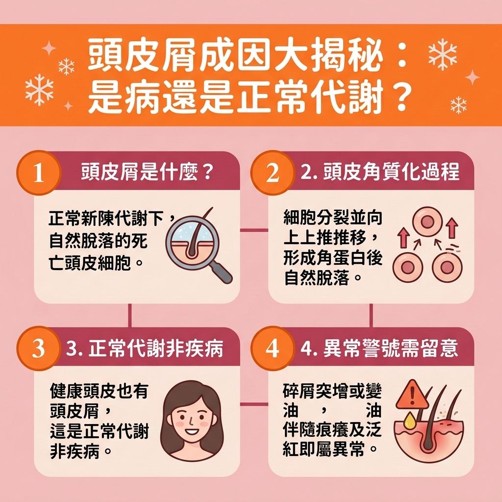 這是一張 1:1 正方形的可愛扁平化向量插畫，採用台灣健康部落格風格，為您解碼【頭皮】健康的秘密。圖表生動展示了健康的【頭髮】與【毛囊】結構，說明正常的【角質層】代謝會產生微量【頭皮屑】。然而，當體內【荷爾蒙】失調，或【雄性禿】患者體內的【雙氫睪酮】過高時，會異常刺激【皮脂腺】分泌。若沒有做好【日常頭皮護理】與【溫和清潔頭皮】，將無法有效【抑制頭皮油脂】，進而導致【馬拉色菌】大量滋生，引發嚴重的【頭瘡】與【毛囊炎】。

為避免頭皮危機，我們必須及早【解決毛孔堵塞】並進行【頭皮深層清潔】。透過【抗菌消炎】來【舒緩頭皮紅腫】與【舒緩頭皮敏感】，是【解決頭皮痕癢】與【減少頭皮屑】的關鍵。良好的【血液循環】能為頭皮帶來充足的【蛋白質】與【氨基酸】，進一步【促進血液循環】與維持髮絲的【黑色素】（預防早發【白髮】），從根本上【改善頭皮環境】。

若長期發炎導致異常【脫髮】，應立即落實【預防脫髮方法】並【延緩毛囊老化】。醫學上可使用【生髮水】來【刺激毛囊再生】，幫助【補充頭髮營養】並【強健脆弱髮根】，以【改善頭髮稀疏】與【減少掉髮數量】。若情況遲遲未見改善，強烈建議尋求【專業生髮療程】或評估進行【植髮】手術來徹底拯救頂上危機！