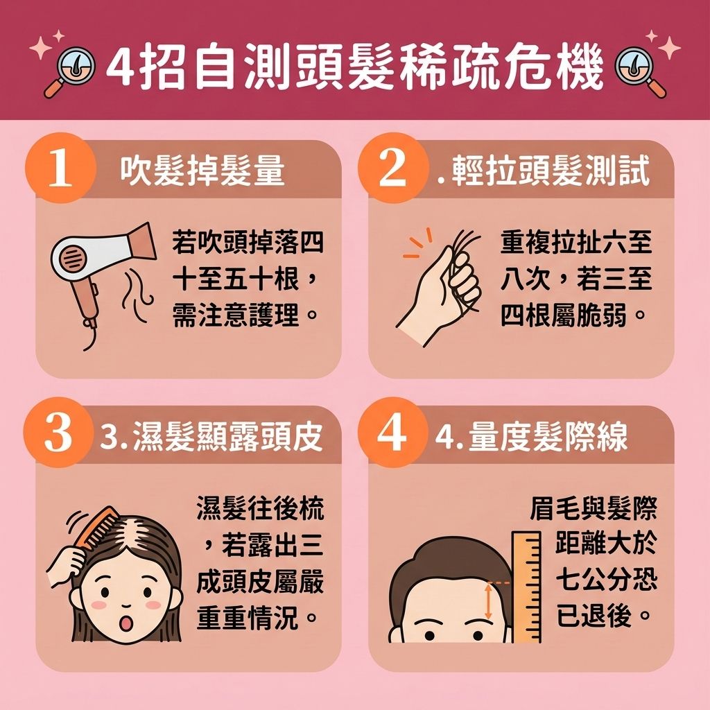 這是一張 1:1 正方形的扁平化向量插畫,採用可愛的台灣健康部落格資訊格風格,教導大家如何透過四招自我檢測【頭髮稀疏】的徵兆,並及早【改善頭髮稀疏】。當【頭皮】的【皮脂腺】異常,若未能好好【抑制油脂分泌】或【溫和清潔頭皮】以做好【日常頭皮護理】,極易引發【馬拉色菌】過度繁殖。這會造成【角質層】受損、【毛囊炎】、【頭瘡】與【頭皮屑】增生,進而需要【解決頭皮痕癢】、【減少頭皮屑】與【舒緩頭皮紅腫】。
圖表提醒,如果不注重【頭皮深層清潔】與【解決毛孔堵塞】,加上【雄性禿】、【雙氫睪酮】及【荷爾蒙】失調的影響,會嚴重損害【毛囊】並導致異常【脫髮】。及時的檢測有助於【改善頭皮環境】。日常飲食應多補充【蛋白質】與【氨基酸】以【補充頭髮營養】,並促進【血液循環】來【延緩頭髮老化】,保護髮絲的【黑色素】。
為了【強健脆弱髮根】、【刺激毛囊再生】、【激活休眠毛囊】並【延長生長週期】,達到【促進頭髮生長】與【增加頭髮密度】的目標,初期可考慮使用含【米諾地爾】的【生髮水】作為【預防脫髮方法】。若落髮情況嚴重,則建議尋求【專業生髮療程】或【植髮】手術來徹底解決危機!