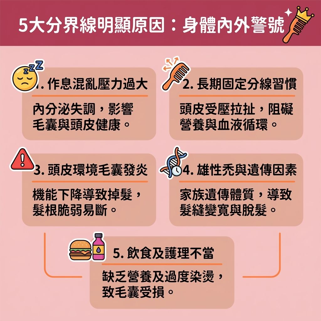 這是一張台灣健康部落格風格的 1:1 資訊圖表,解析頭髮分界線稀疏的原因與改善方法。當頭髮的分界線變寬,可能是壓力與荷爾蒙失調,導致脫髮與髮量減少。為預防分界線變闊,我們應定期轉換頭髮分界,避免固定位置拉扯髮根。日常可運用髮型修飾技巧來隱藏明顯分線與掩飾頭髮稀疏,並學習如何增加髮根蓬鬆度以拯救扁塌髮型與改善頭髮扁塌。
圖中教導正確的梳頭按摩頭皮技巧,使用合適的梳子順著髮型梳理,能改善頭皮血液循環(促進血液循環),舒緩頭皮壓力,並幫助皮脂均勻分佈。對於受雄性禿或遺傳影響的髮際線問題,及早進行預防髮線後移與尋求專業的女性脫髮治療(如產後脫髮改善)是關鍵。
保養方面,強調補充頭髮營養(如角蛋白與多種營養),能深層滋養毛囊與脆弱的髮絲,進而刺激毛囊生長、強化髮根健康並減少掉髮數量。此外,外出時別忘了做好頭皮防曬護理,防止紫外線破壞髮質與頭皮,全面守護你的健康秀髮。
