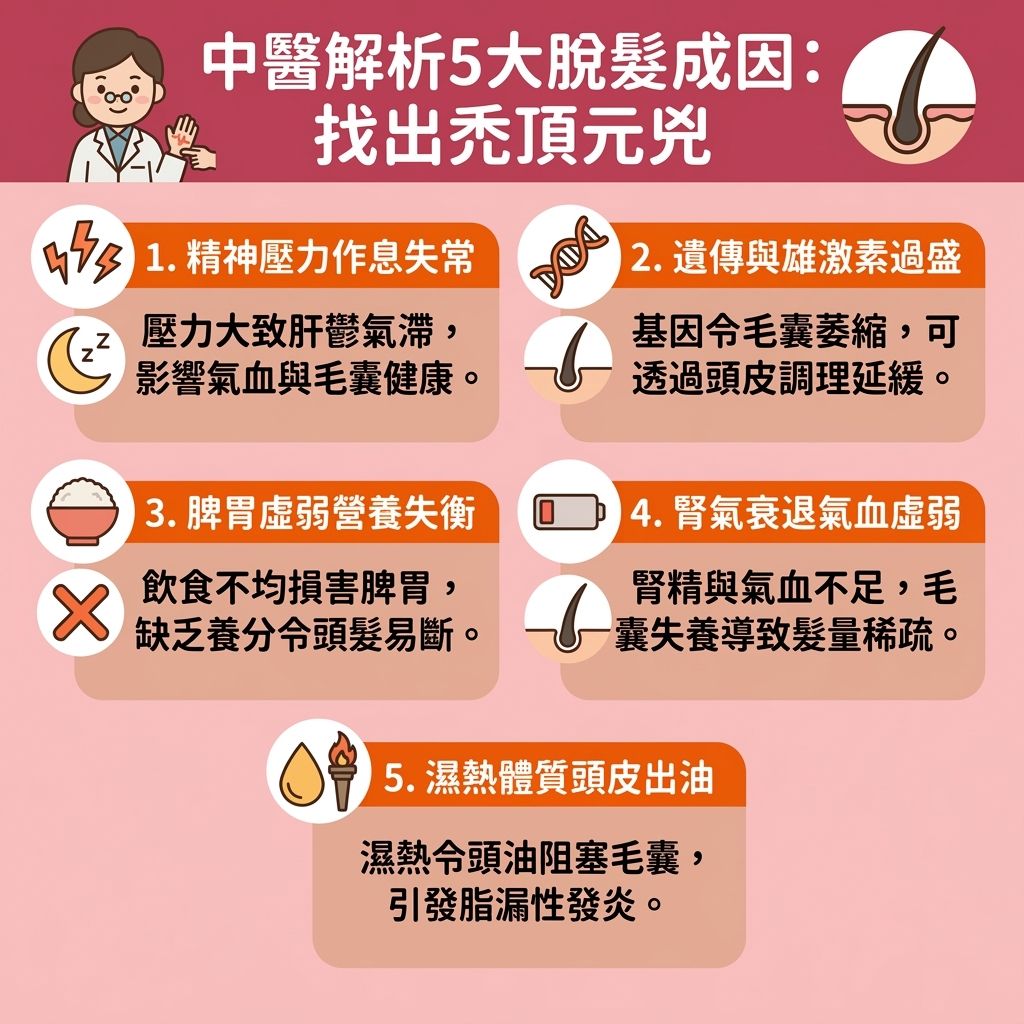 這是一張台灣健康部落格風格的 1:1 正方形資訊圖表，以中醫角度詳細圖解脫髮的五大成因。圖表指出，現代人常因壓力導致氣滯血瘀與肝血不足，或因飲食不節引起脾胃虛弱與血熱，甚至面臨腎虛，這些都會損害毛囊與頭皮健康。

對於遺傳性的雄性禿或突發的斑禿，進行專業的脫髮中醫診斷非常重要。圖表建議透過中醫治療脫髮與專屬的中醫治脫髮療程，如進行頭皮針灸治療及中醫生髮穴位按摩刺激穴位，能發揮極佳的針灸生髮效果（善用針灸）。針對肝腎不足脫髮與血熱脫髮特徵，可採用活血化瘀生髮及調理氣血生髮的方法，以補足氣血。

日常保養方面，圖表推薦使用天然中藥（如何首烏與當歸），發揮何首烏生髮功效；也可運用中藥洗頭防脫髮，或嘗試民間的中醫生髮偏方與防脫髮中藥湯水。食療上，黑芝麻生髮食療（多吃黑芝麻）與改善脾胃防掉髮能有效促進生髮。針對特定族群，無論是尋求女性脫髮中醫調理、產後脫髮中醫調理，或是需要脂溢性脫髮中醫對策與腎虛脫髮改善，這些方法都能從根本調理，重拾健康髮絲。
