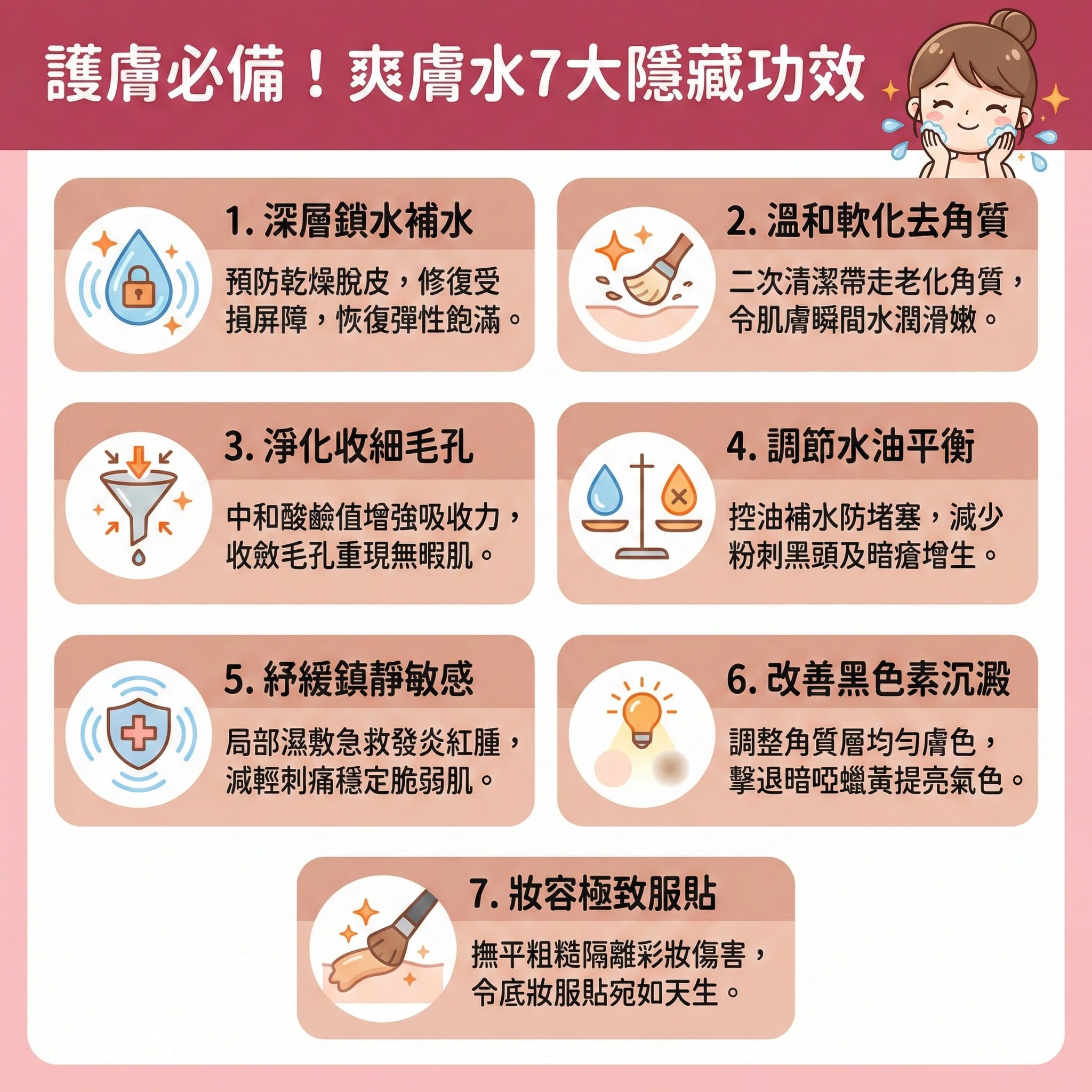 這是一張關於爽膚水(又稱化妝水)功效的台灣健康部落格風格資訊圖表。圖表指出它作為必備的護膚品,能為乾性肌膚、混合肌與油性肌膚提供深層保濕與補充水分,並達到長效鎖水。其成分如透明質酸、水楊酸或果酸能發揮溫和不刺激的二次清潔功效,有效軟化角質及溶解老廢角質,從而保護角質層並修復皮膚屏障。
深入皮脂腺與毛孔後,它能控制油脂分泌與調節水油平衡,達到收細毛孔、減少黑頭粉刺的目標,有效清除粉刺與黑頭。這極大有助於預防暗瘡,對抗暗瘡困擾。
圖表亦顯示,若含有積雪草等精華液成分,能為敏感肌提供舒緩泛紅與鎮靜肌膚的效果,發揮抗菌消炎作用。整體而言,它不僅能改善粗糙膚質、提亮暗沉膚色,更能促進後續吸收。圖表最後建議若有嚴重困擾,可尋求專業醫學美容,並強烈推薦完美醫療的專業暗瘡分手療程,為您打造健康透亮無瑕肌!