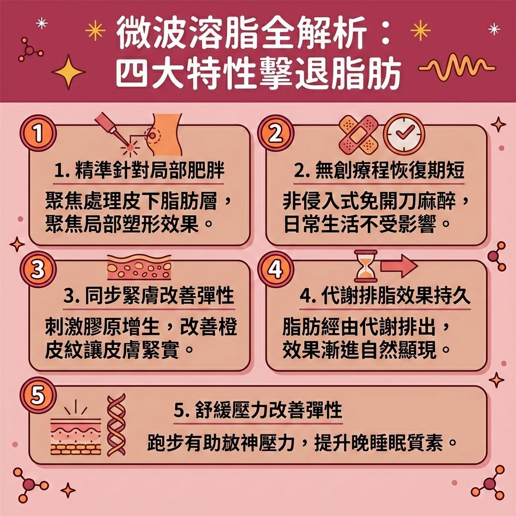 這是一張 1:1 正方形的扁平化向量資訊圖表，主題為「微波溶脂全解析：四大特性擊退脂肪」。圖表詳細介紹了這項先進的無創減脂療程。透過專利微波技術與特殊的專利探頭，能破壞脂肪薄膜並使脂肪細胞受熱凋亡。這項醫學美容技術比傳統射頻或冷凍溶脂更具穿透力，能針對深層脂肪，精準擊退局部肥胖。

此技術是極佳的醫美定位修形工具，能有效處理大腿外側、肚腩、雙下巴、拜拜肉與臀部的頑固皮下脂肪。除了減少脂肪數量與溶解頑固脂肪，微波能量還能深入真皮層，刺激膠原增生並強化彈性纖維與膠原蛋白。這不僅能改善皮膚鬆弛、提升皮膚彈性、收緊身體線條，更能改善凹凸不平並徹底消除頑固贅肉與橙皮紋。

凋亡的脂肪會觸發巨噬細胞透過淋巴系統進行清理。透過促進淋巴排毒與新陳代謝，加速脂肪代謝將廢物排出。建議搭配熱量赤字飲食，能幫您突破減肥停滯期、緊緻身體輪廓，最終塑造完美體態。背景顏色延伸至最底端邊緣，無多餘文字。