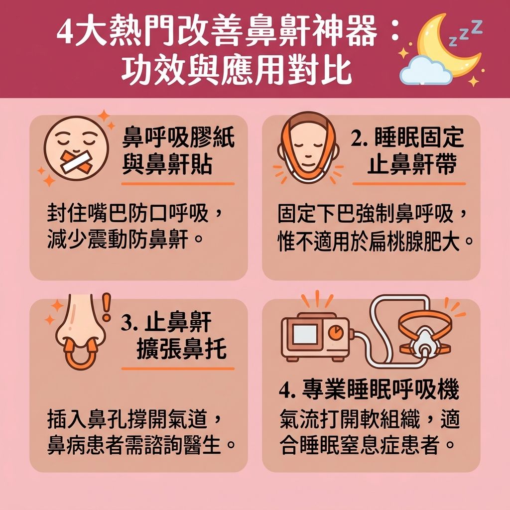 這是一張台灣健康部落格風格的 1:1 正方形扁平化資訊圖表,深入分析四大【解決鼻鼾方法】以【改善睡眠質素】。圖表探討了針對輕度【鼻鼾】患者的工具,如鼻呼吸膠紙與止鼻鼾帶,它們能幫助【保持呼吸道暢通】。然而,若鼻鼾源自【扁桃腺】、【軟顎】(如【懸雍垂】過長)、【鼻息肉】或【鼻中隔】異常(需考慮【鼻中隔偏曲矯正】),這些工具便無法【擴張上呼吸道】或【改善呼吸道阻塞】。
對於嚴重打鼾或患有【睡眠窒息症】(常伴隨【睡眠呼吸中止】與缺乏【氧氣】)的人士,若不進行【睡眠窒息症治療】,將難以【預防心血管疾病】與【減輕日間疲倦】。患者應前往【醫院】或專業【診所】尋求【醫生】進行【睡眠測試診斷】。除了配戴高壓氣流的【呼吸機】,現在也有多種醫療選項。
若傳統【手術】(如【切除扁桃腺手術】或【懸雍垂顎咽整型術】)的【手術風險後遺症】與漫長的【手術恢復期間】讓人卻步,可考慮【微創鼻鼾手術】或【無創止鼾療程】。例如,利用【激光】或【射頻消融術】(可諮詢【激光止鼾效果】)等先進【療程】來【收緊喉嚨肌肉】。這些微創技術能安全地處理【喉嚨】【肌肉】與【黏膜】,讓【呼吸道】恢復暢通,徹底遠離鼻鼾困擾。