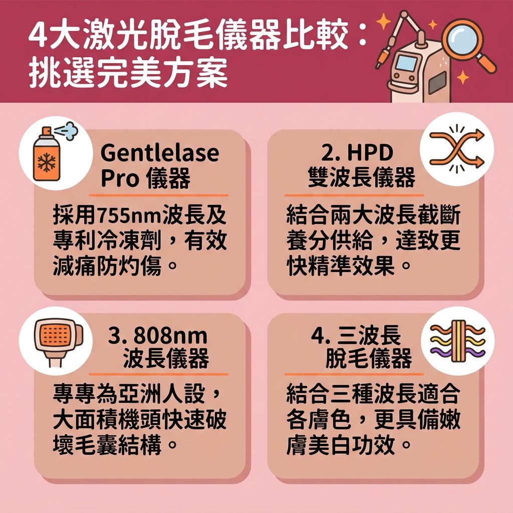 這是一張台灣健康部落格風格的 1:1 正方形資訊圖表，幫助大家解答脫毛邊間好的疑問，並提供實用的香港脫毛推薦。在進行脫毛公司比較時，許多人關心激光脫毛價錢、全身脫毛優惠與學生脫毛優惠，但更應留意美容院或專業脫毛中心使用的儀器與其認證。專業的治療師、顧問或醫生會根據您的皮膚狀況，選擇合適的波長與能量，確保激光能精準破壞毛囊中的黑色素。

不同機器如雙波長激光有不同特點。為了舒緩脫毛紅腫、解決毛囊發炎並避免皮膚灼傷，挑選具備冰感或冰感脫毛技術的防敏脫毛療程非常重要，這能大幅降低痛楚，實現無痛激光脫毛。在處理腋下與比堅尼位時，了解激光脫毛原理與脫毛療程次數，才能達到理想的永久脫毛效果（良好的脫毛效果）。

消費者應尋找拒絕隱藏收費、提供免費試做脫毛並承諾永久保養的療程（合理的價錢）。建議多參考客人的脫毛真實評價與評價，確保選擇安全可靠的方案。