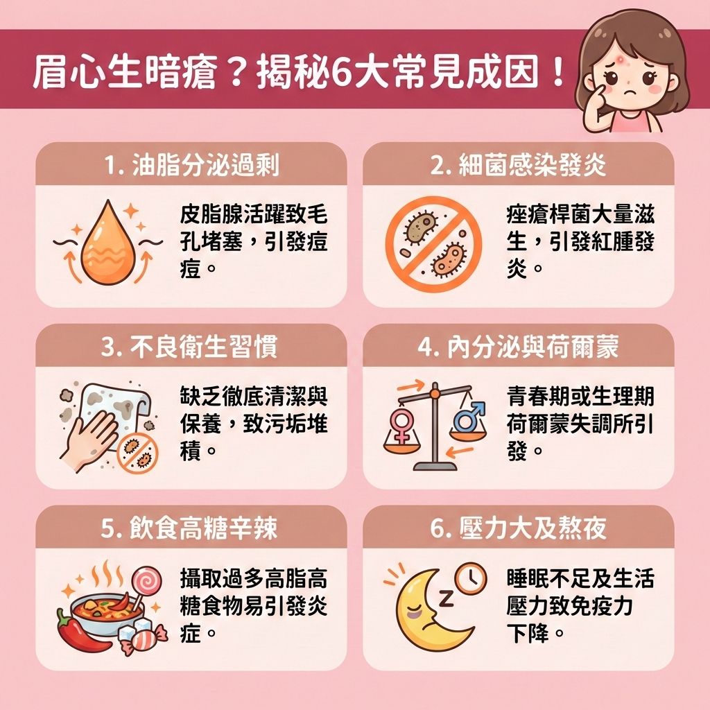 這是一張關於眉心長暗瘡與痤瘡的扁平化醫美資訊圖表。圖表指出，中醫認為這與肝臟積聚毒素及心火旺盛有關，需清熱解毒與疏肝理氣。西醫則指出，當內分泌與荷爾蒙失調時，加上不良的飲食習慣（需減少進食辛辣）或生活壓力大、睡眠質量差，會導致皮脂腺異常。因此必須調整作息、避免熬夜、改善睡眠並舒緩壓力。

日常護理需注意瀏海衛生，保持頭髮乾爽。每天使用洗面奶並正確卸除彩妝以達到徹底清潔，配合定期去角質，能有效清除厚重的角質層，控制油脂分泌與調節水油平衡。這有助於預防毛孔堵塞，避免毛孔發炎。若已長痘，應挑選具抗菌消炎的護膚品來舒緩紅腫發炎，並絕對要避免擠壓暗瘡。良好的保養能促進血液循環。若情況嚴重，建議諮詢皮膚科醫生。圖表最後強烈推薦完美醫療的專業醫學美容項目——皇牌暗瘡分手療程，助您從根源解決問題，實現長效預防復發！