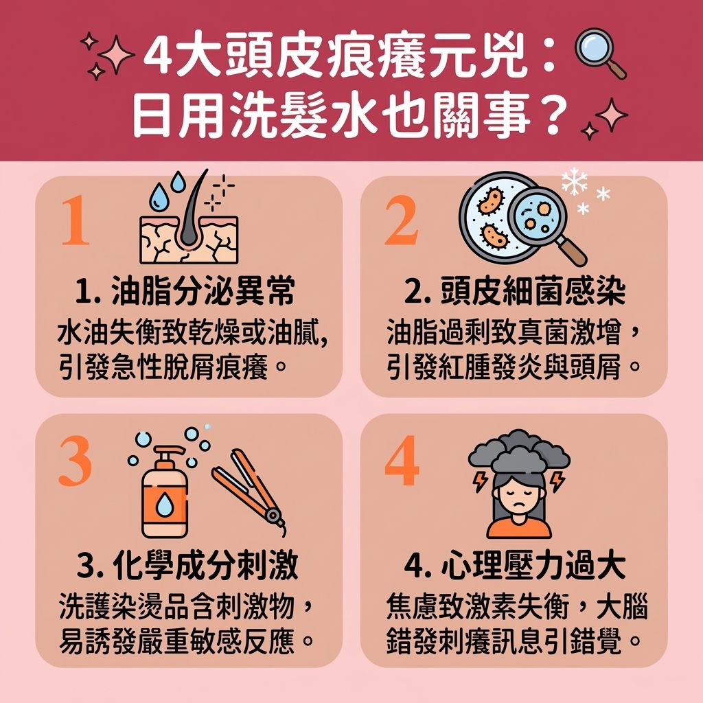這是一張 1:1 扁平化醫美資訊圖表，教導大家預防【頭皮】痕癢與維持良好【髮質】的秘訣。許多人為了【改善天生鬈髮】與【改善頭髮毛躁】，會進行【直療】與【負離子】療程。為了追求完美的【柔順直髮效果】與【溫和改變髮質】，必須注意【降低藥水刺激】。若【藥水】化學成分太強，加上【夾板】的【熱力】傷害，會嚴重破壞【毛鱗片】，流失【水分】、【蛋白質】、【氨基酸】與【角蛋白】，進而引發頭皮嚴重敏感與痕癢！

為【減少熱力傷害】並【修復受損髮質】，必須落實【日常頭髮護理】與【染燙後續保養】。日常請選用溫和的【洗頭水】與【護髮素】進行【鎖水保濕護理】。定期塗抹【髮膜】，能為脆弱的【髮絲】與【髮尾】【補充頭髮營養】（提供充足【營養】）。

這套護理能【滋潤乾燥髮尾】、【解決頭髮打結】，有效【撫平毛鱗片】及【鞏固頭髮結構】。這不僅能【防止頭髮斷裂】、【提升髮絲彈性】（恢復健康的【彈性】），更能【增加頭髮光澤】（散發自然【光澤】）及【改善頭髮扁塌】。最終成功【延長直髮壽命】，讓您同時擁有健康頭皮與亮麗秀髮！