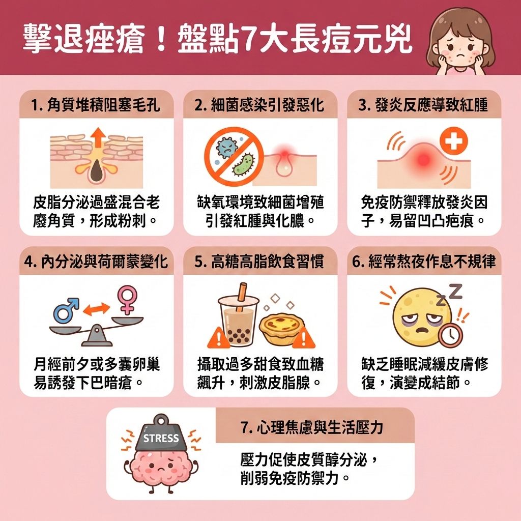 這是一張關於治療暗瘡的扁平化醫學美容資訊圖表。圖表詳細解釋了毛囊與皮脂腺異常活躍的成因。當荷爾蒙與內分泌失衡時,厚重的角質層會導致粉刺、黑頭和白頭增生。若缺乏徹底清潔皮膚與去除老廢角質,痤瘡桿菌會引發丘疹、膿皰、囊腫甚至嚴重的結節。 圖表建議日常應調整健康作息、舒緩精神壓力並減少進食甜食,以促進新陳代謝並調節內分泌失調。在保養方面,可使用含水楊酸或果酸的護膚品來疏通毛孔堵塞,並達到控制油脂分泌與維持水油平衡的效果。這不僅能增強皮膚屏障,還能改善粗糙膚質。若出現痘痘,需具備抗菌消炎鎮靜作用以舒緩紅腫發炎,