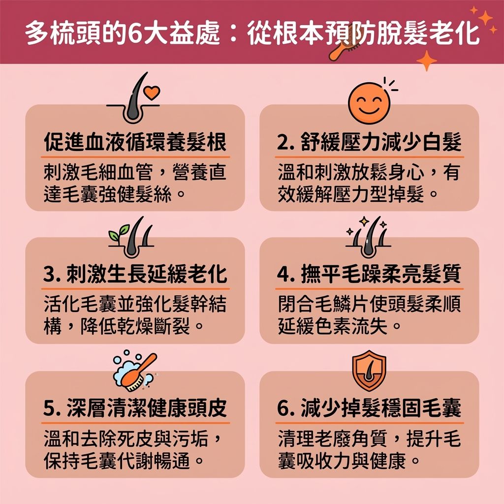這是一張台灣健康部落格風格的 1:1 正方形資訊圖表，詳細介紹梳頭好處與正確梳頭方法。圖中展示了如何使用合適的梳子（如氣墊梳與豬鬃毛材質，這也是常見的梳子種類推薦）來進行日常護理。透過梳頭方向技巧，從髮根梳至髮尾，不僅能梳開打結頭髮，還能預防頭髮靜電與消除靜電，有效減少髮絲斷裂。

圖表指出，配合護髮油並遵循正確的護髮梳頭順序，可以撫平毛躁頭髮，讓毛鱗片閉合，保護脆弱的髮絲與頭髮。針對頭皮保養，洗頭前梳頭能有效清潔頭皮污垢，去除多餘皮脂、角質與污垢，促進新陳代謝。

此外，利用氣墊梳按摩來按摩頭皮穴位（刺激穴位與經絡），能舒緩頭部壓力，並促進血液循環（改善血液循環）。這有助於刺激毛囊生長、分泌天然油脂，深層滋養毛囊。只要掌握合適的梳頭次數建議，就能達到梳頭防掉髮的效果，完美改善脫髮問題並遠離脫髮困擾。