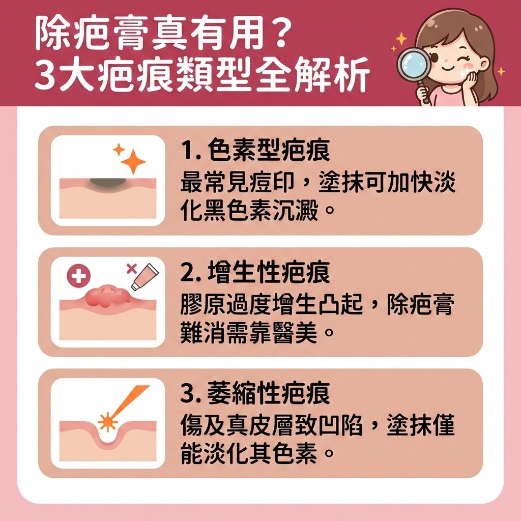 這是一張關於除疤膏功效的台灣健康部落格風格醫美資訊圖表。圖表教導如何對抗各種疤痕與暗瘡印。當真皮層受損,纖維母細胞會刺激膠原增生以修復受損組織。但若膠原蛋白過度生長,易形成肉芽、蟹足腫等增生性疤痕;若流失則造成難纏的凹凸洞。
日常挑選含矽膠、維他命C、維他命E或洋蔥萃取物等具備臨床醫學實證及溫和低敏配方的護膚品,能促進傷口癒合、減退紅腫發炎及減輕痕癢不適。正確護理能抑制疤痕增生、軟化疤痕組織與預防疤痕形成。
對於淺層黑色素造成的色素沉澱,除疤產品能加速細胞更新、促進血液循環以改善色素沉澱與淡化疤痕。同時能提升肌膚彈性、重建皮膚屏障與改善粗糙膚質。若想徹底撫平凹凸洞,建議諮詢皮膚科醫生,圖表強烈推薦完美醫療的專業醫學美容項目,如激光去印療程與皇牌暗瘡分手療程,助您重獲無瑕平滑肌!