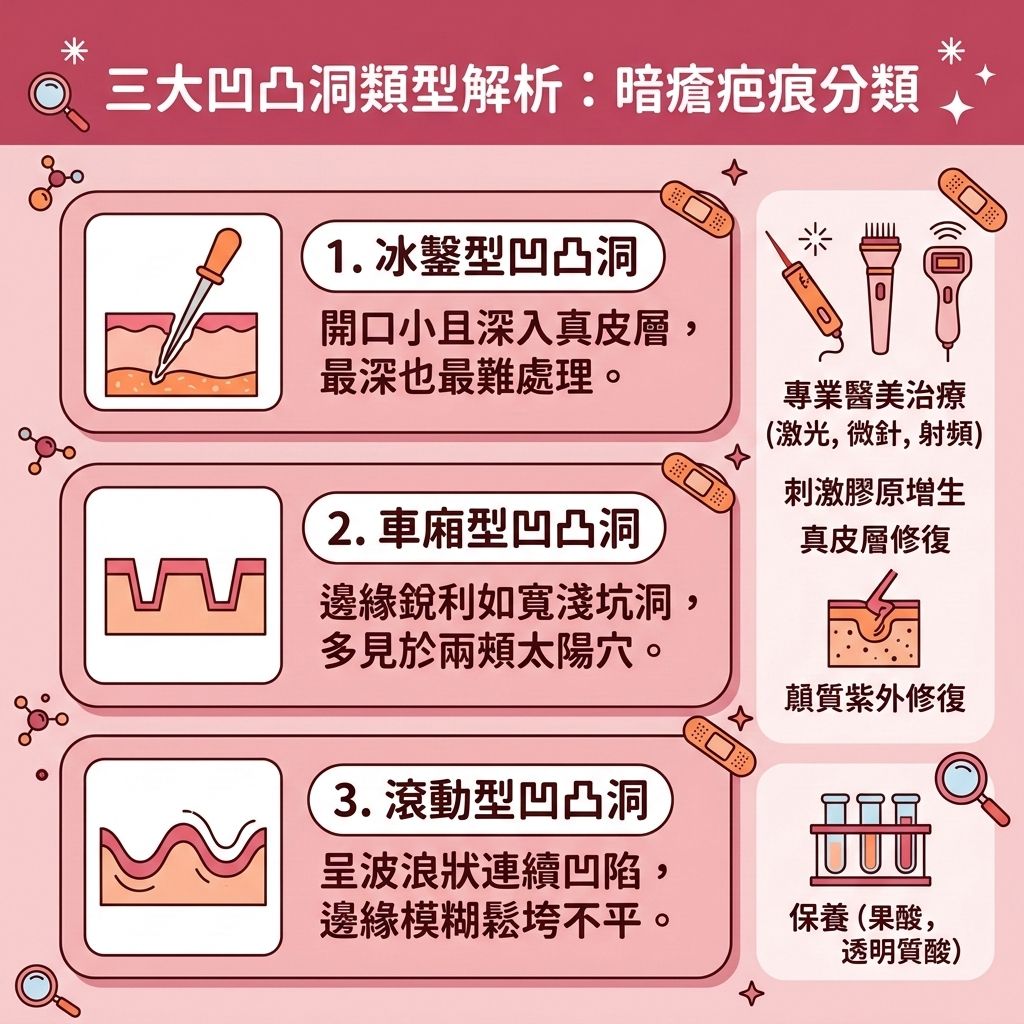這是一張 1:1 正方形的扁平化向量資訊圖表插畫，採用台灣健康部落格風格，介紹三大【凹凸洞】類型及【凹凸洞治療方法】。當【皮脂腺】分泌過盛導致【毛孔】堵塞形成【暗瘡】，若伴隨嚴重的【發炎反應】，會傷及深層的【真皮層】與【纖維組織】，導致【膠原蛋白】流失，最終留下無法靠【暗瘡印自然消退】的【暗瘡疤痕】。

圖表詳細解析了冰鑿型、車廂型與滾動型疤痕，並教導大眾如何【撫平面部疤痕】及【修復受損肌膚】。日常保養可使用含【果酸】、【水楊酸】或【維他命A醇】的產品來【溫和去除角質】，並配合【透明質酸】做好保濕，幫助【加速新陳代謝】、【代謝】【角質層】與【收細粗大毛孔】。但嚴重的組織塌陷無法單靠保養達到【凹凸洞自然修復】。

要真正【填補肌膚凹陷】與【重塑平滑美肌】，必須尋求【醫學美容】的【醫美去印推介】。圖表側邊推薦了專業的【微針去印療程】（利用【微針】）、【激光去疤推薦】（如【激光】與【皮秒激光】）及【射頻】技術，能直達肌底【促進細胞更新】與【刺激膠原增生】，進行【深層組織修復】。這不僅能【改善皮膚粗糙】與【淡化黑色素疤痕】（打散【黑色素】），更能大幅縮短【暗瘡疤痕修復期】，有效【預防暗瘡復發】！
