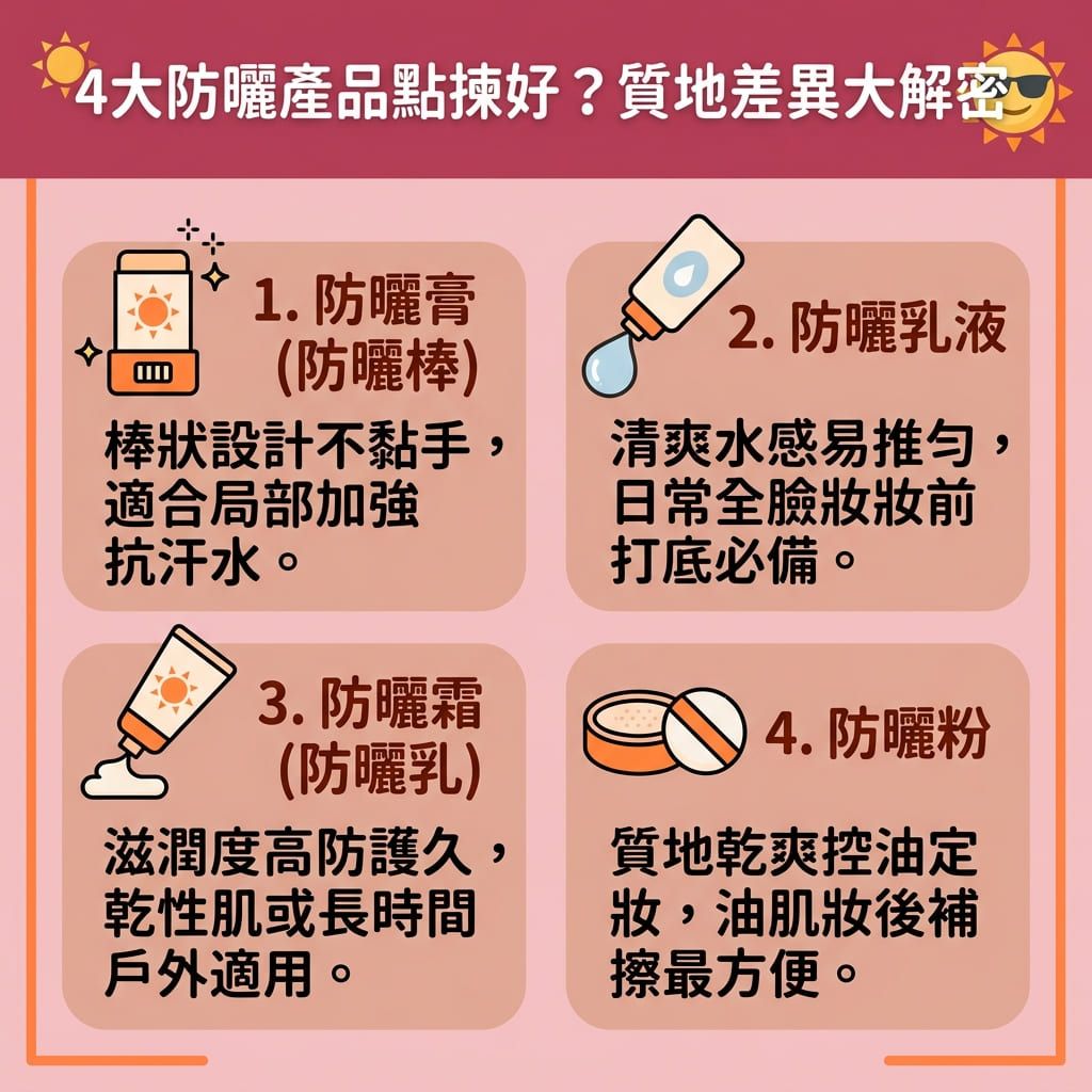 這是一張台灣健康部落格風格的 1:1 正方形扁平化資訊圖表，詳細解說四大防曬質地與正確的【補防曬方法】。面對強烈【紫外線】，若不做好【日常防曬】來【阻隔紫外線】，容易導致【黑色素】於【表皮層】及【真皮層】積聚，造成【角質層】受損並形成【色斑】、【雀斑】與【太陽斑】。

圖表比較了【防曬霜】、【防曬棒】（【防曬棒推薦】）、【防曬粉】與【防曬噴霧】的差異。優質的【物理防曬】產品通常含有【氧化鋅】與【二氧化鈦】等【物理防曬成分】，相比【化學防曬】，更適合作為【敏感肌防曬】。選擇【清爽不黏膩】、【輕薄透氣】且【不阻塞毛孔】的防曬【護膚品】與【化妝品】，能有效【抵禦光老化】及【防止肌膚老化】。

外出時【隨身攜帶防曬】進行【補妝防曬】，能全面【提升防曬力】。這不僅能【預防色斑形成】與【預防黑色素沉澱】，更能幫助【改善色素沉澱】、【改善膚色不均】並【提亮膚色】，保護肌底【膠原蛋白】。若已有嚴重深層色斑，建議前往專業醫美【診所】尋求合適【療程】協助，精準【擊碎深層黑色素】。