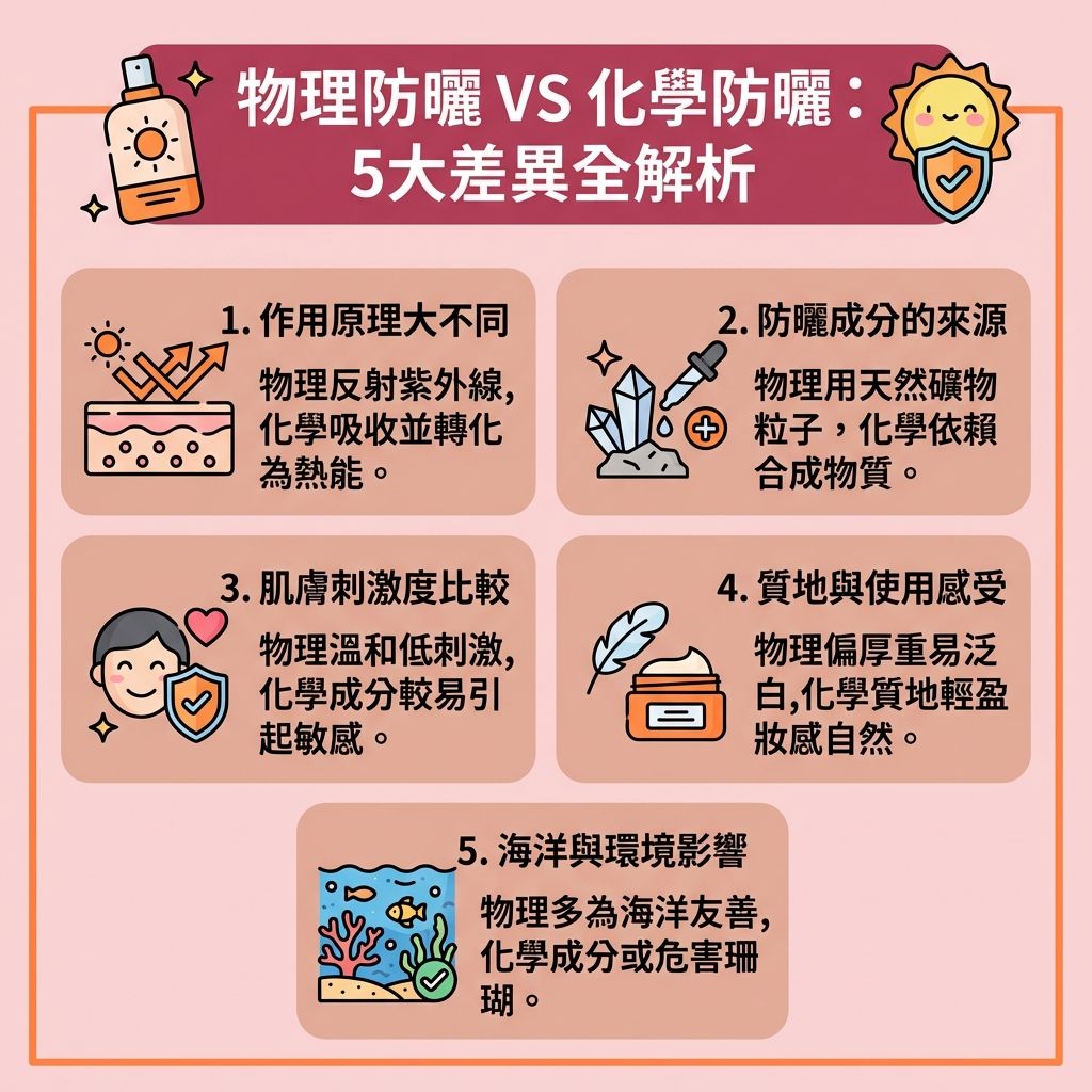 這是一張台灣健康部落格風格的 1:1 正方形扁平化資訊圖表，詳細解說【物理防曬】與【化學防曬分別】。當【紫外線】穿透【角質層】、【表皮層】直達深層【真皮層】時，會引發【黑色素】積聚，形成【色斑】、【雀斑】與【太陽斑】。為【抵禦光老化】及【防止肌膚老化】，挑選合適的【防曬霜】、【隔離霜】或【素顏霜】等【化妝品】與【護膚品】至關重要。

圖表指出，【物理防曬成分】如【二氧化鈦】與【氧化鋅】能像鏡子般【反射紫外線】及【阻隔紫外線】，這類【物理防曬推薦】產品【溫和不刺激】，是極佳的【孕婦防曬推薦】與【敏感肌適用】選擇，對【敏感肌】十分友善，且多為【海洋友善防曬】。雖然偶有【泛白問題】，但能【提亮膚色】與【改善膚色不均】，有效【預防色斑形成】與【預防黑色素沉澱】。

相對而言，【化學防曬】以吸收轉化為主，質地【清爽不黏膩】、【不阻塞毛孔】。無論您選擇哪種【防曬系數】的產品，回家後都必須使用【卸妝水】進行徹底的【卸妝清潔】，以維持【毛孔】健康無負擔。