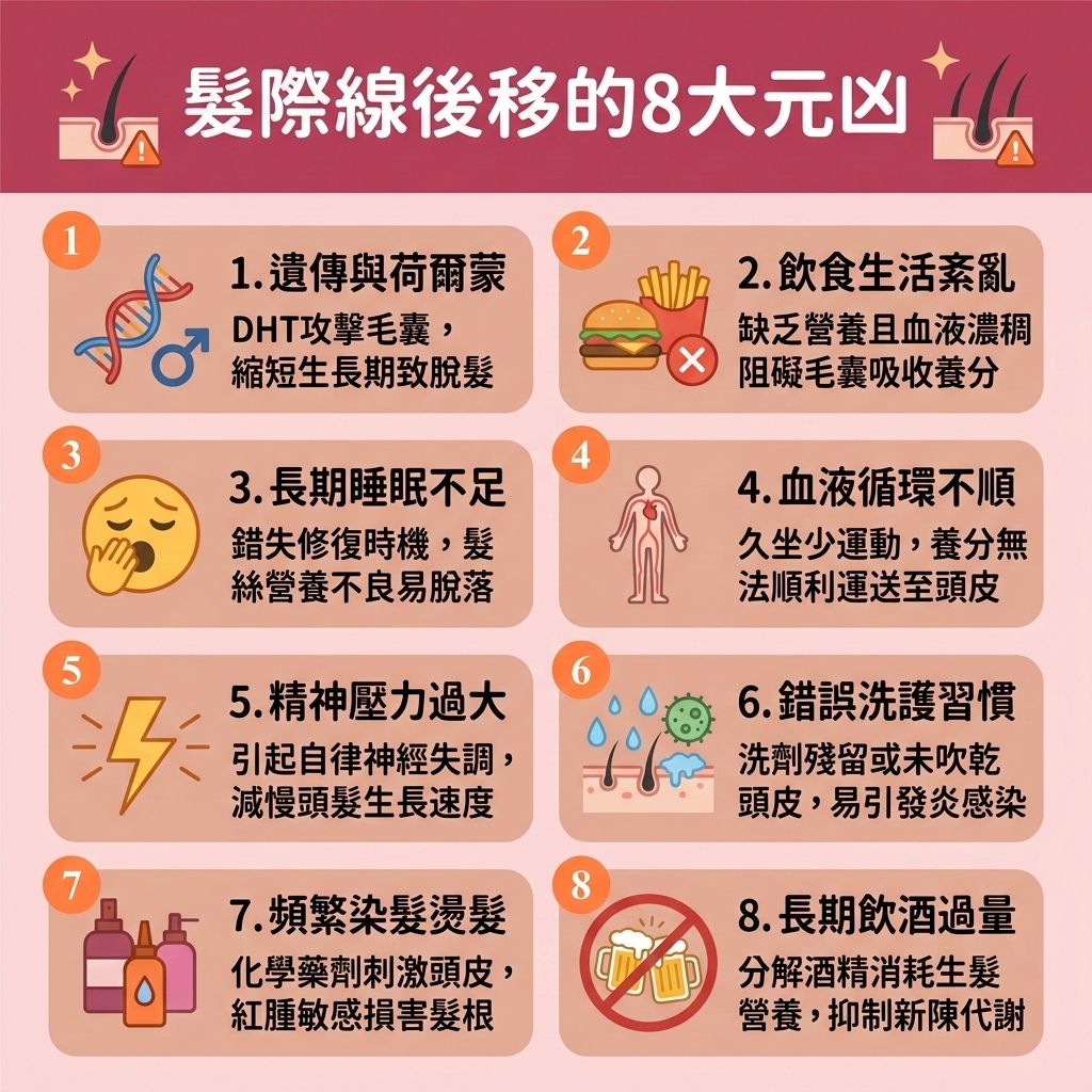 這是一張 1:1 正方形的可愛扁平化資訊圖表，採用台灣健康部落格風格，詳細解析【髮際線後移】與【脫髮】的8大成因。圖表指出，【遺傳】是關鍵，當體內的【睪酮】等【荷爾蒙】轉化為【雙氫睪酮】時，會攻擊【頭皮】的【毛囊】，引發【雄性禿】與【男性脫髮危機】，也是常見的【女性脫髮原因】。這會導致【額角】與【髮際線】退縮，是明顯的【脫髮早期先兆】。

不良作息會影響【血液循環】與【皮脂腺】的【頭皮油脂分泌】，破壞【頭髮】生長。為落實【預防脫髮方法】並【改善頭皮環境】，醫學上建議及早【解決前額脫髮】。常見對策包括使用含【米諾地爾】的【生髮水】，或口服【非那斯特萊】及【生髮藥】來【抑制男性荷爾蒙】。同時可搭配【鋸棕櫚】及【鋸棕櫚防脫髮】產品，以【強健脆弱髮根】，並【刺激毛囊再生】與【激活休眠毛囊】，進而【延長生長週期】、【促進頭髮生長】、【增加頭髮密度】並【改善頭髮稀疏】。

若擔心【生髮水副作用】，也可考慮【專業生髮療程】、先進的【無創增髮技術】如【織髮】，或直接進行【植髮】手術，全面拯救頂上危機！