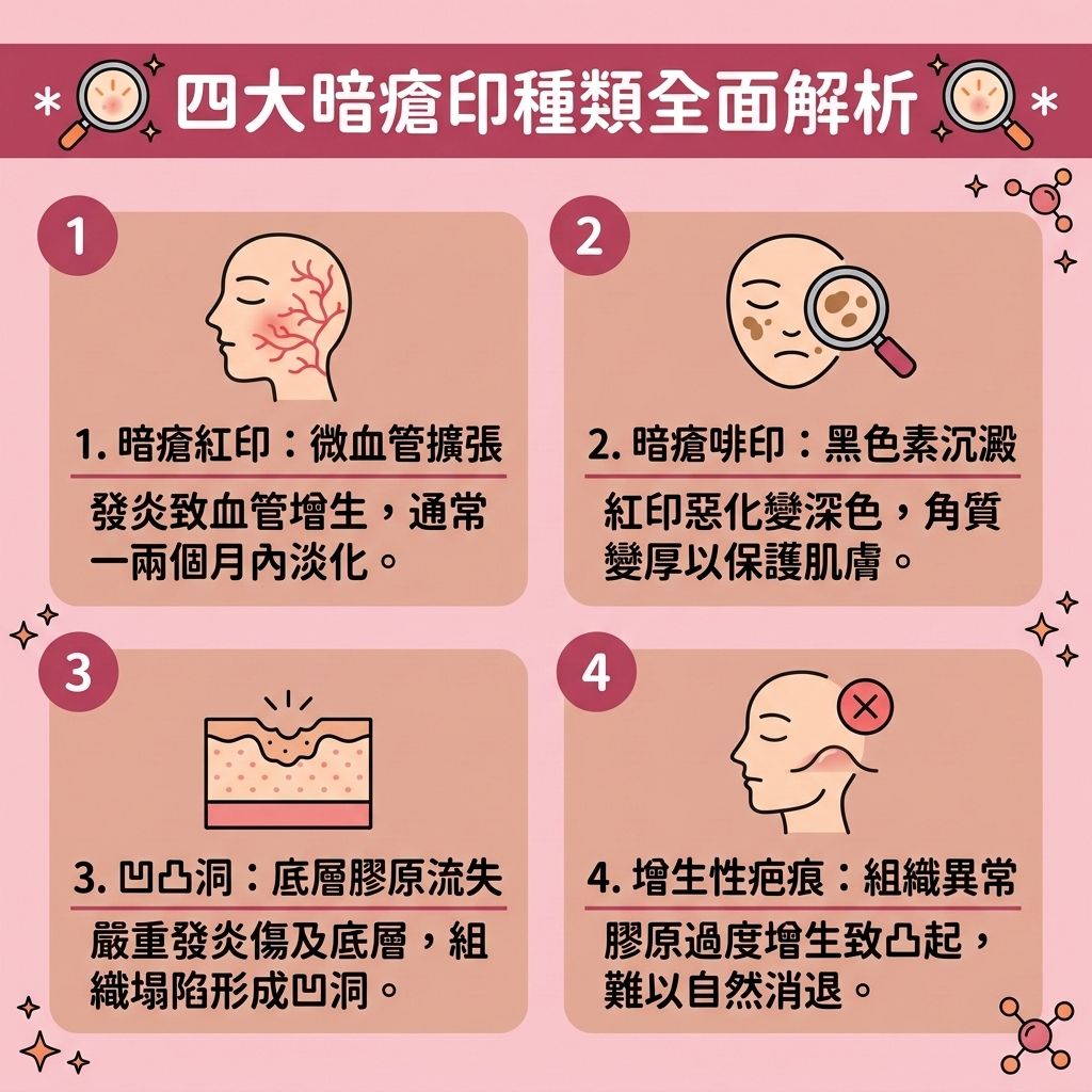 這是一張 1:1 正方形的扁平化向量資訊圖表插畫,採用台灣健康部落格風格,詳細解析四大【暗瘡】印種類。當【皮脂腺】阻塞引發【發炎反應】,會導致【微絲血管】擴張形成【紅印】。若想【淡化暗瘡紅印】及【加速暗瘡癒合】,可使用含【積雪草】、【維他命C】與【透明質酸】的【暗瘡膏】等【去暗瘡印產品】,幫助【舒緩紅腫發炎】、【鎮靜敏感肌膚】、【收縮微血管】並【修復微絲血管】。
若紅印惡化,【角質層】增厚,會造成【黑色素】累積,形成啡印。此時有效的【退紅消炎方法】包含使用【水楊酸】、【果酸】與【杏仁酸】來【溫和去除角質】、【去角質煥膚】,以【改善色素沉澱】並【深層補水保濕】。
當發炎傷及深層的【真皮層】導致【膠原蛋白】流失,就會形成凹凸洞等難以復原的【暗瘡疤痕】。單靠等待【暗瘡印自然消退】並不可能,要做到徹底的【暗瘡疤痕修復】與【淡化黑色素疤痕】,建議尋求【醫學美容】的【醫美去印推介】,例如【激光】與【脈衝光】技術。透過專業的【激光去紅印療程】,能有效【促進細胞更新】、【刺激膠原增生】並【預防暗瘡復發】,讓肌膚重拾平滑健康!