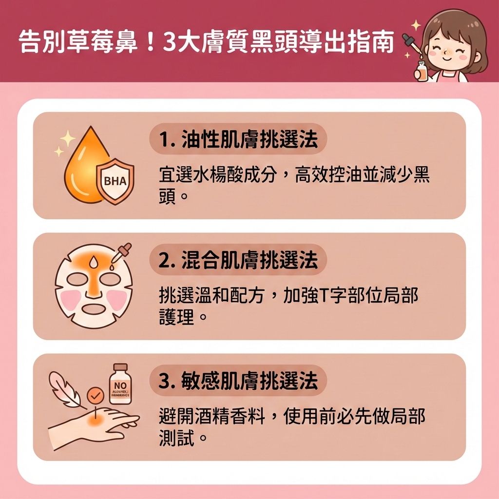 這是一張台灣健康部落格風格的正方形醫美資訊圖表,教你如何告別草莓鼻。當皮脂腺分泌過多油脂,加上肥厚的角質層,容易形成黑頭、粉刺與暗瘡。此時切記要避免過度擠壓與濫用鼻貼。
圖表建議依膚質挑選合適的黑頭導出液來溫和導出黑頭。透過含有水楊酸、果酸或杏仁酸的產品,能有效軟化老廢角質並溶解堆積油脂,幫助疏通堵塞毛孔與深層清潔毛孔。日常需搭配卸妝油與洗面奶來溫和潔淨肌膚,但要避免過度清潔以修復皮膚屏障與維持肌膚水分。同時,定期使用泥膜能控制油脂分泌與減少黑頭粉刺,達到調節水油平衡與改善粗糙膚質的效果。
清理完畢後,必須使用收縮水來緊緻粗大毛孔(收細毛孔),這有助於刺激膠原增生與舒緩紅腫發炎。若問題嚴重,應諮詢專業皮膚科醫生。圖表最後強烈推薦完美醫療的專業醫學美容項目,包含激光去印療程與皇牌「暗瘡分手療程」,助您解決肌膚煩惱,實現長效預防復發!