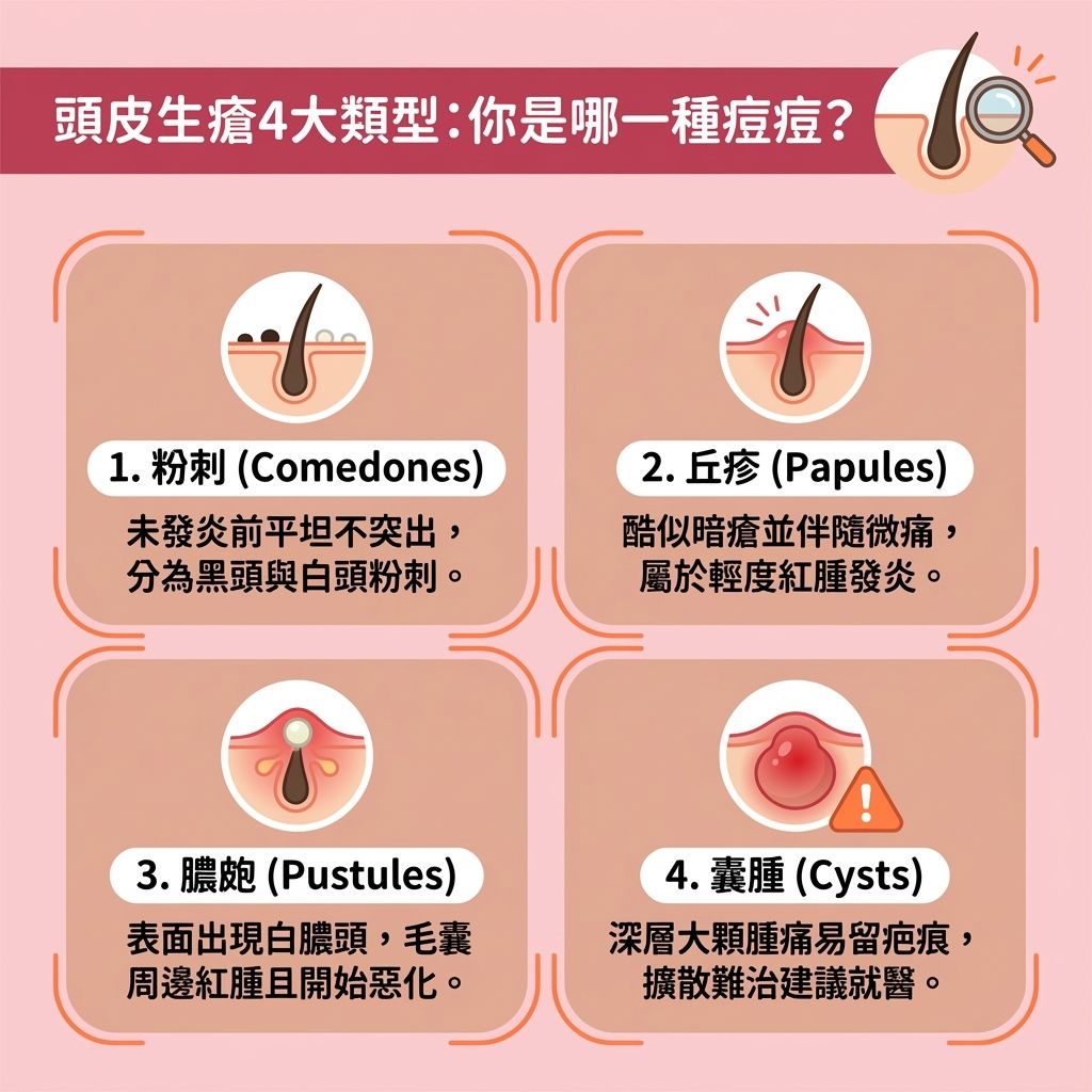 這是一張台灣健康部落格風格的 1:1 正方形資訊圖表,詳細解析了四種常見的頭皮生瘡類型與症狀。許多人苦惱於頭皮長暗瘡痛,這往往與皮脂腺分泌過多油脂及皮脂有關,進而引發毛囊發炎(即毛囊炎)與頭瘡。當角質層積聚、加上細菌或真菌(如馬拉色菌)滋生時,更易形成暗瘡。圖表不僅教你分辨症狀,更提供頭皮生粒粒解決方法。
無論是壓力大頭皮生瘡影響免疫系統,還是雄激素與荷爾蒙變化導致的荷爾蒙失調頭皮生瘡,甚至是嚴重的頭皮發炎脫髮與脫髮危機,我們都需重視頭皮敏感護理與預防頭皮發炎。日常中,掌握正確洗頭步驟,挑選合適的洗頭水及護髮素至關重要。我們整理了毛囊炎洗頭水推介與去角質洗髮露,幫助深層清潔頭皮、改善頭皮出油及控制皮脂分泌。
若想進一步舒緩頭皮痕癢、消除頭皮紅腫或達到頭皮抗菌消炎效果,可考慮專業的頭皮清潔療程。針對治療頭皮暗瘡,市面上有許多頭瘡膏推薦,部分人也會選擇中醫調理頭瘡;但若壓力過大或情況嚴重,請務必尋求皮膚科醫生協助。