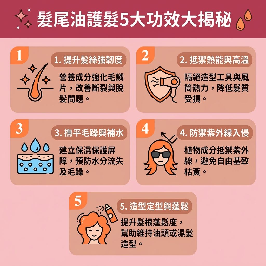 這是一張 1:1 正方形的扁平化醫美資訊圖表，教導大家【日常頭髮護理】與【塗抹髮尾技巧】。圖中展示，在我們使用【洗頭水】（或嘗試【逆向洗頭方法】）與【護髮素】清潔【頭皮】後，適當塗抹【髮尾油】或【護髮油】（如富含【堅果油】、【荷荷巴油】或【摩洛哥油】的產品）能帶來極大益處。

它可以【隔離熱力傷害】，避免【風筒】高溫破壞【毛鱗片】與【角質層】，同時抵抗強烈【紫外線】。這有助於【鎖水保濕護理】，保留【髮絲】內的【水分】與【蛋白質】，進而【修復受損髮絲】、【撫平頭髮毛躁】及【解決頭髮開叉】。

透過正確保養，我們能【改善頭髮乾燥】與【改善頭髮打結】，並【減少靜電摩擦】（減少【靜電】）。這不僅能【提升髮絲彈性】、【防止頭髮斷裂】，還能作為完美的【染燙後續保養】，【深層滋潤頭髮】並大幅【增加頭髮光澤】。

此外，保持頭皮健康能【促進血液循環】，【舒緩頭皮痕癢】，減少【頭皮屑】與異常【脫髮】。這能有效【預防毛囊萎縮】並保護【毛囊】與【髮根】，最終讓您擁有一頭亮麗的【順滑光澤秀髮】！
