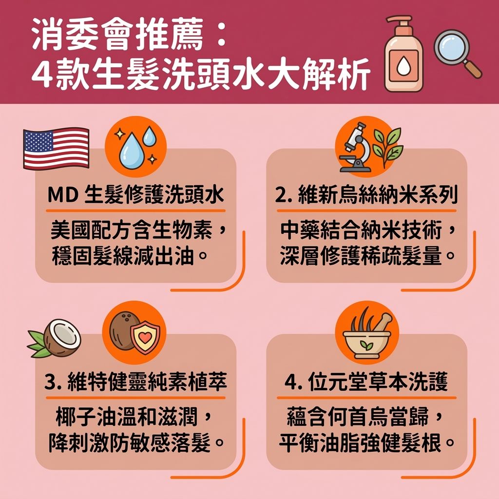 這是一張台灣健康部落格風格的 1:1 正方形資訊圖表,主題為消委會的生髮洗頭水推薦。圖表介紹了4款能有效改善頭髮稀疏的防脫髮洗髮露與無矽防脫洗頭水,幫助對抗脫髮問題。若想減少掉髮數量並解決髮線後移,挑選合適的生髮洗頭水至關重要。
圖中解析了多種關鍵營養素與成分,例如咖啡因(發揮咖啡因洗頭水功效)、生物素、鋸棕櫚、藍銅勝肽及酮康唑,這些成分能刺激毛囊生長、活化休止期毛囊並延長毛髮生長期。透過頭皮深層清潔,能有效控制頭皮出油,平衡皮脂腺與荷爾蒙,從而改善頭皮屑並作為良好的去頭皮屑洗頭水。
良好的洗髮習慣能促進頭皮血液循環(提升血液循環)並加速新陳代謝,為頭皮與毛囊注入活力,同時促進膠原蛋白與角蛋白生成,達致強化髮根健康及增強髮絲韌度,穩固脆弱的髮根。這不僅適合用於改善產後脫髮或舒緩頭皮敏感,也是對抗雄性禿的優質雄性禿洗頭水。使用前應留意產品成分以避免生髮洗頭水副作用,若情況嚴重,建議諮詢皮膚科醫生。