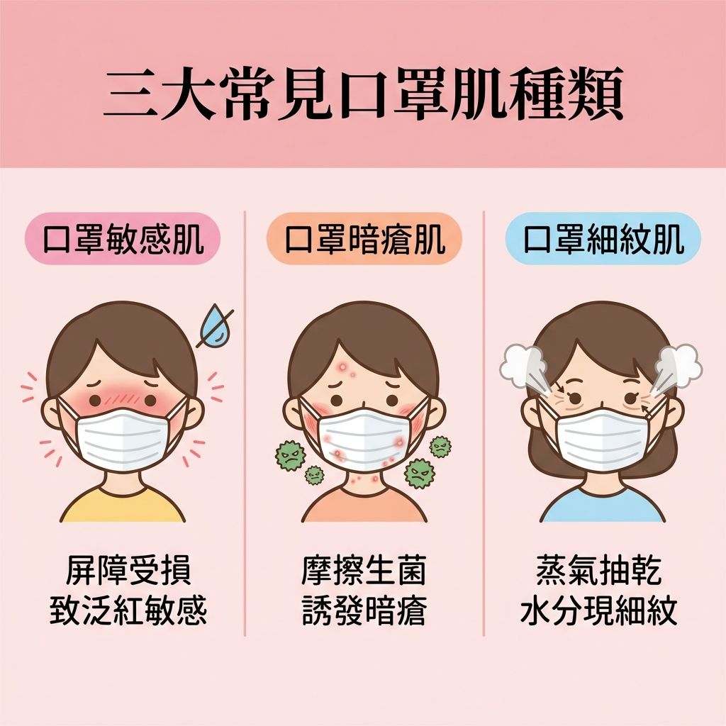 這是一張正方形扁平化醫美資訊圖表，主題為解析戴口罩引發的三大口罩肌問題。圖表上方顯示長時間佩戴會讓汗水與油脂積聚，影響皮脂腺與角質層。

第一種是敏感肌，悶熱環境破壞了皮膚屏障，容易引發濕疹與玫瑰痤瘡，需要及時修復屏障、舒緩敏感及改善泛紅，日常應做好鎖水保濕並定期更換口罩以保持乾爽。第二種是暗瘡肌，因摩擦產生微小傷口，令細菌入侵，導致毛孔堵塞，長出粉刺與黑頭。建議透過深層清潔與溫和潔面來疏通毛孔、軟化角質及抑制油脂分泌。護理上需消炎殺菌與預防發炎，並盡量減輕摩擦。第三種是眼周細紋，呼出的熱氣加速水分流失。為減輕肌膚負擔，應簡化護膚程序，塗抹護膚品與防曬時要避免厚重底妝，以達致水油平衡。

若想徹底解決肌膚困擾，圖表強烈推薦完美醫療的專業暗瘡分手療程，療程不僅能針對性解決問題，更能刺激膠原增生，長效預防復發，重拾健康膚質。