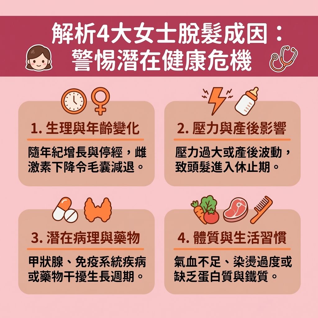 這是一張台灣健康部落格風格的 1:1 正方形扁平化資訊圖表，詳細探討女士異常掉髮原因。當出現突然大量甩頭髮、女性髮際線後移或頭髮稀疏身體警號時，可能是潛在疾病的徵兆。圖表解析了多種脫髮成因，包括因停經與更年期荷爾蒙變化引起的生理性掉髮，以及壓力造成的壓力性休止期脫髮，還有常見的產後所帶來的產後脫髮嚴重問題。

在病理性方面，圖表指出內分泌失調脫髮（如甲狀腺異常引起的甲狀腺減退掉髮，或婦科病如卵巢多囊症引起的多囊卵巢綜合症症狀及婦科疾病脫髮徵兆）會嚴重影響內分泌與頭皮健康。此外，免疫系統問題如紅斑狼瘡（需留意紅斑狼瘡早期症狀）會導致免疫系統疾病掉髮或斑禿；而糖尿病患者也需注意糖尿病併發症脫髮。同時要警惕營養不良與營養不良導致脫髮，例如貧血與缺乏鐵質引發的缺鐵性貧血脫髮。圖表亦提及某些藥物副作用，以及女性雄性禿特徵所表現的雄性禿。為了挽救毛囊，若遇到上述情況，強烈建議進行脫髮身體檢查推薦並尋求皮膚科醫生診斷，由專業醫生評估是否需要進行頭皮毛囊萎縮治療，以策安全。