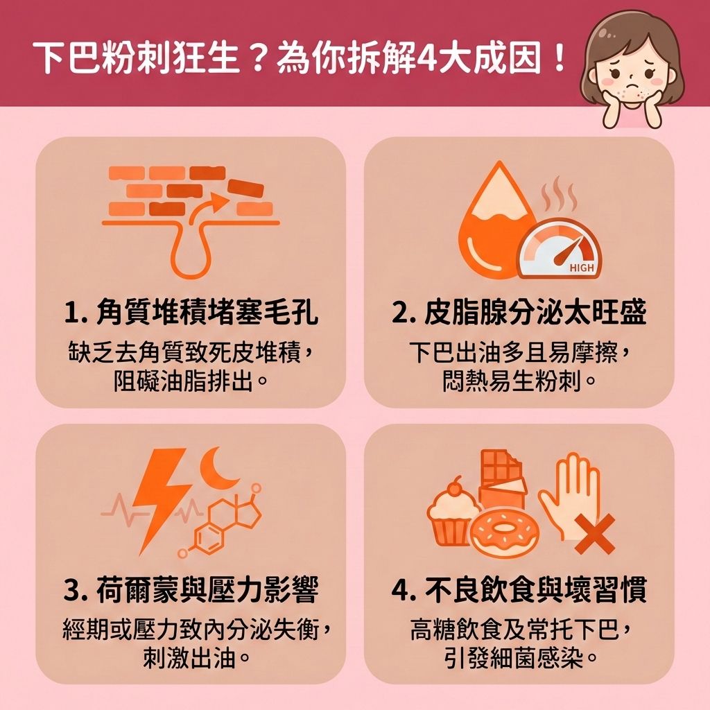這是一張台灣健康部落格風格的正方形醫美資訊圖表，詳細解說下巴****粉刺的4大成因。圖中一位可愛女孩正煩惱著下巴的暗粒、白頭與黑頭。第一，當角質層過厚，我們需要去除老廢角質來疏通堵塞毛孔與深層清潔毛孔。第二，下巴的皮脂腺容易分泌過多油脂，若戴口罩悶熱更易引發暗瘡。我們應使用卸妝產品****徹底卸除彩妝，搭配洗面乳****溫和潔淨肌膚，以控制油脂分泌與溶解堆積油脂，但要小心護理以修復受損屏障（保護皮膚屏障）。

第三，荷爾蒙波動會引起內分泌失調，我們需要調節內分泌失調來調節水油平衡。針對頑固狀況，可適度使用含水楊酸或果酸的產品，能促進細胞代謝、改善粗糙膚質、減少黑頭粉刺並緊緻粗大毛孔（收細毛孔）。日常絕對要避免過度擠壓，這有助於舒緩紅腫發炎、預防暗瘡形成及改善下巴暗粒。若問題嚴重，請尋求專業皮膚科醫生協助。圖表最後推薦香港完美醫療的專業醫美療程，包含激光去印療程與皇牌「暗瘡分手療程」，助您輕鬆告別肌膚煩惱！