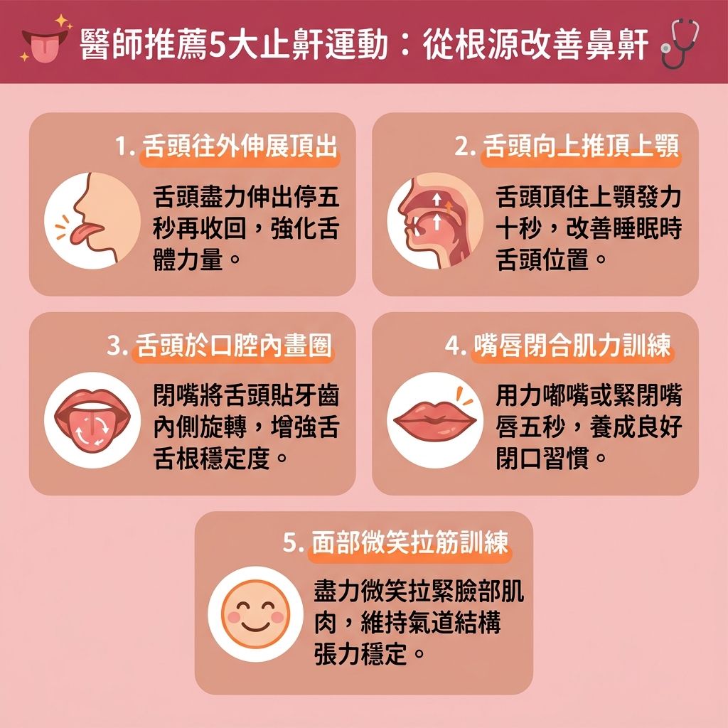 這是一張台灣健康部落格風格的 1:1 正方形扁平化資訊圖表,詳細圖解醫師推薦的【改善鼻鼾運動】與【呼吸訓練法】。打【鼻鼾】常因頸部【脂肪】積聚,或【下顎】、【咽喉】、【喉嚨】與【軟顎】的【肌肉】鬆弛,導致【舌頭】後墜阻塞【呼吸道】與【鼻腔】,影響【氣流】並引發【睡眠窒息症】。為【舒緩睡眠障礙】及【預防睡眠缺氧】(缺乏【氧氣】),患者除了【控制體重減鼻鼾】外,也可透過【物理止鼾方法】如【舌頭伸展運動】與【咽喉肌肉鍛鍊】來【強化口腔肌肉】。
這些【解決鼻鼾方法】能有效【收緊喉嚨肌肉】、【防止舌頭後墜】,進而【保持呼吸道暢通】與【改善呼吸道阻塞】。當【睡眠】期間能維持正確姿勢,便能【改善用口呼吸】、【減少打呼嚕】、【降低停止呼吸頻率】。長期堅持不僅能【提升睡眠質素】,還能大幅【減輕日間疲倦】。若問題嚴重,建議前往專業【診所】尋求【醫生】進行【睡眠測試】與【睡眠測試診斷】。醫生可評估是否需要佩戴【牙膠】、使用【呼吸機】或安排其他專屬【療程】。