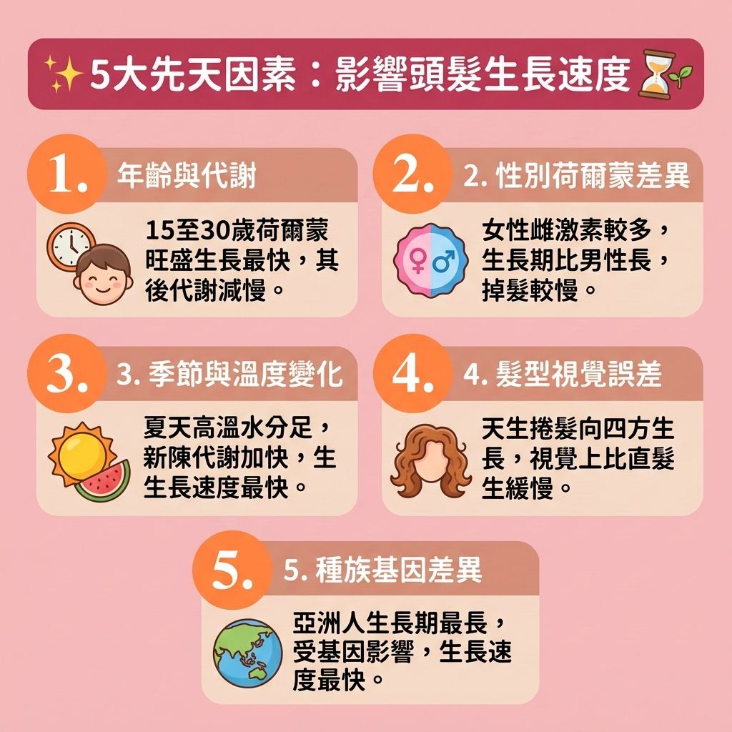 這是一張 1:1 正方形的可愛扁平化向量醫美資訊圖表，採用台灣健康部落格風格，為您解密【頭髮生長速度】與【生長期】的奧秘。圖表指出，若【頭皮】的【皮脂腺】異常引發【頭皮濕疹】，或受【雙氫睪酮】（由【荷爾蒙】轉化）影響，會導致毛囊提早進入【休止期】，引發【斑禿】與異常掉髮危機。

為了落實【預防脫髮方法】與【改善頭髮稀疏】，我們需【溫和清潔頭皮】與進行【頭皮深層清潔】，做好【日常頭皮護理】，以【改善頭皮環境】、【舒緩頭皮敏感】及【解決頭皮痕癢】。飲食方面，應補充【蛋白質】、【氨基酸】、【維他命】、【鐵質】與【鋅質】，幫助合成【角蛋白】，以【補充頭髮營養】，達到【強健脆弱髮根】的效果。

維持良好的【血液循環】能【促進頭皮血液循環】，進而【增快生髮速度】、【促進頭髮生長】並【延長生長週期】。若【毛囊】已出現萎縮徵兆，可使用含【米諾地爾】成分的【生髮水】，或尋求【專業生髮療程】的協助，這能有效【激活休眠毛囊】、【刺激毛囊再生】並【延緩毛囊老化】，從而【減少掉髮數量】並【增加頭髮密度】。若脫髮狀況極為嚴重，最終亦可考慮【植髮】手術來重獲新生！