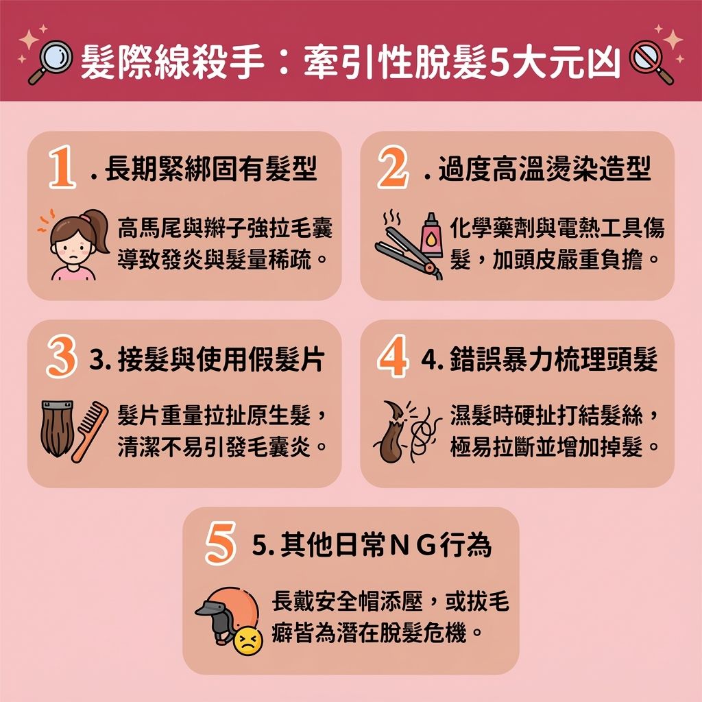 這是一張 1:1 扁平化醫美資訊圖表，主要探討牽引性脫髮，同時涵蓋全方位醫美毛髮管理。圖中指出過度拉扯會傷害【毛囊】。然而，在保衛頭髮的同時，部分女性卻面臨【女生長鬍子】或【美人生鬚原因】的困擾，這多與【荷爾蒙】失調、【多囊卵巢症】或體內【雄性激素】過剩有關。

為解決臉部【唇毛】、【面毛】與【面部雜毛】（甚至是【去除小鬍子】），不建議使用【剃刀】、【脫毛膏】或尋求【剃鬚膏推薦】，因易殘留粗糙的【鬚根】、破壞【角質層】，造成【毛髮倒生處理】的困擾，且無法【避免毛囊炎】。

圖表建議尋找專業的【脫毛公司】與【治療師】，了解【脫面毛邊間好】、【脫毛療程比較】與【激光脫毛價錢】（包含【學生脫毛優惠】）。專業【脫毛儀器】（如【755nm】與【808nm】波長）能精準破壞【粗硬毛髮】與【比基尼線】的【黑色素】。搭配【冷凍劑】能保護【敏感肌】，降低【激光反應】與【激光脫毛副作用】。透過【無痛激光脫毛】進行【全身脫毛】或【激光脫毛】，不僅能達到【永久脫毛效果】，做好【脫毛後護理】更能【收細毛孔】及【改善色素沉澱】！