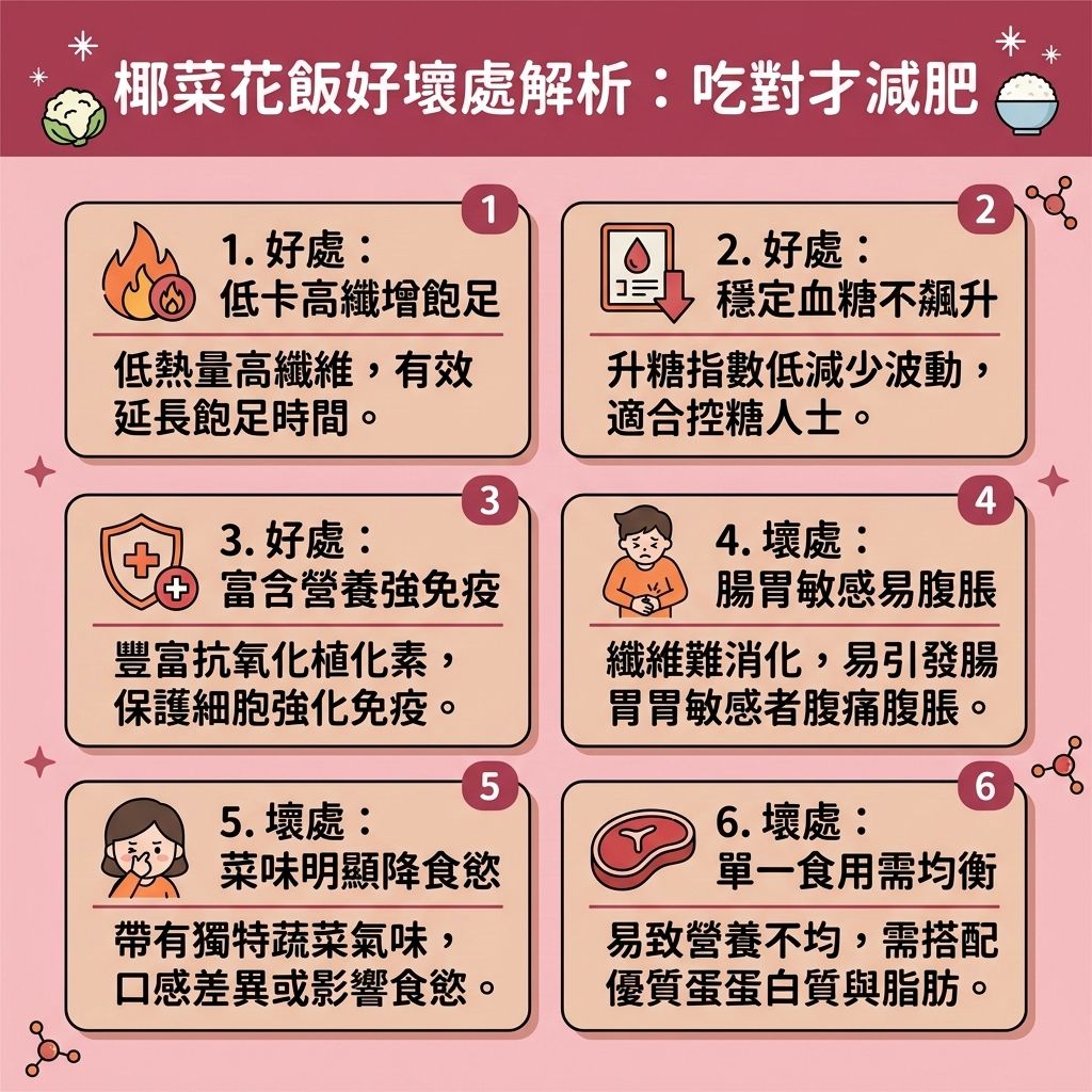 這是一張 1:1 正方形扁平化設計的台灣健康部落格風格資訊圖表。圖表介紹了各種椰菜花飯食譜與椰菜花飯做法，教您如何將椰菜花用來取代精緻澱粉，尤其是傳統的白米飯。這種低碳飲食與生酮飲食的選擇，能大幅減少碳水化合物與熱量，幫助控制熱量攝取。

椰菜花富含膳食纖維、維生素與礦物質，能延長飽足時間並增加飽足感，同時促進腸胃蠕動，有助於排毒清腸宿便。它能穩定血糖水平，控制血糖與胰島素分泌。結合健康減重餐單與減脂增肌飲食，補充足夠蛋白質，能提升基礎代謝率，順利突破減肥停滯期。

這能改善飲食習慣，有效減少脂肪囤積，針對脂肪細胞、皮下脂肪與內臟脂肪進行燃燒深層脂肪，進而降低體脂比例與體脂率，打造易瘦體質並預防體重反彈。若想進一步雕塑身型，圖表側邊結合了醫學美容專欄，推薦無創減脂技術與局部減脂療程。透過溶脂科技進行醫美定位修形，讓您輕鬆擁有完美體態！