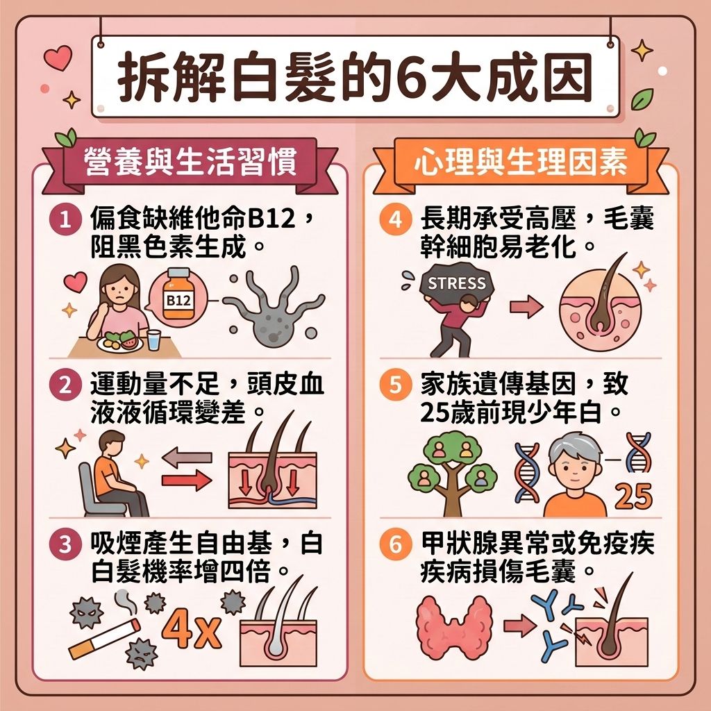 這是一張1:1正方形、設計可愛且具醫美教育感的扁平化向量資訊圖表。背景採用柔和的粉色調。圖表頂部標題為探討白髮成因與衰老現象。圖中分為多個資訊網格，詳細圖解了如何預防白髮與改善白髮。內容指出遺傳與壓力是關鍵，長期高壓影響睡眠，必須改善睡眠質素與舒緩精神壓力。生理上，荷爾蒙與甲狀腺異常會影響毛囊與頭皮健康，降低酪氨酸酶活性，使黑色素減少。圖表建議日常應補充頭髮營養，攝取蛋白質、維他命與鐵質，並多吃黑芝麻與何首烏，有助於調理肝腎氣血及改善腎虛和氣血不足，從而增加黑色素，達致白髮變黑。此外，要攝取抗氧化物抵抗自由基，並促進血液循環，以延緩毛囊老化、刺激毛囊再生及激活休眠毛囊。日常應注重專業頭皮護理與改善頭皮環境，護理脆弱髮絲，並尋求正確的預防脫髮方法。最後提醒大家要減少拔白髮，並避免化學染髮劑引致的染髮傷害頭皮問題。
