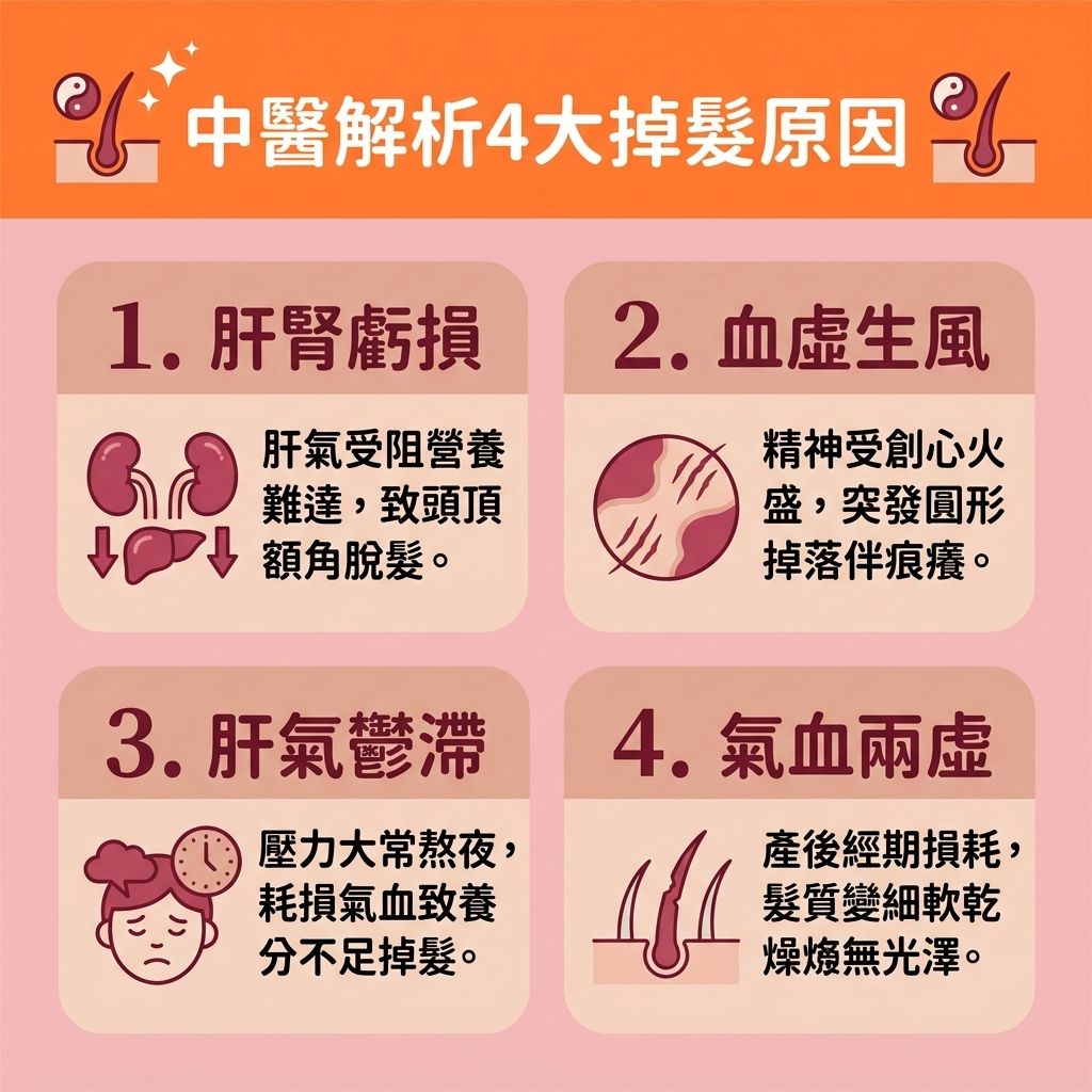 這是一張 1:1 正方形的可愛扁平化向量插畫，詳細解說三大【脫髮】先兆。當【頭皮】的【皮脂腺】受【荷爾蒙】或【雙氫睪酮】影響過度分泌時，會阻塞【毛囊】。若伴隨【氣血】不足或【腎虛】，【角質層】會嚴重受損，引發【雄性禿】。

為了落實【預防脫髮方法】與【解決前額脫髮】，必須積極【改善頭皮環境】。中醫建議【調理肝腎氣血】，可透過【中藥】如【何首烏】、【當歸】、【人參】、【熟地黃】與【黑芝麻】來【補充頭髮營養】。這些食材富含【蛋白質】，能【滋養脆弱髮絲】與【強健脆弱髮根】。

此外，透過【針灸】來【疏通頭皮經絡】與全身【經絡】，能有效【促進頭皮血液循環】（維持良好【血液循環】）並【舒緩頭皮壓力】。這類【中醫針灸生髮】與【專業生髮療程】能【激活休眠毛囊】、【刺激毛囊再生】並【延緩毛囊萎縮】，進而【延長生長週期】。最終完美達到【改善頭髮稀疏】、【減少掉髮數量】、【改善髮線後移】及大幅【增加頭髮密度】的效果！