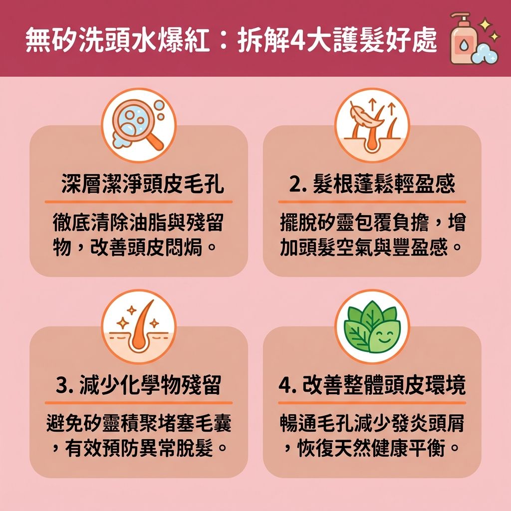 這是一張台灣健康部落格風格的 1:1 資訊圖表，主題為無矽洗頭水推薦與洗頭水成分分析。圖表詳細解釋了矽靈洗頭水分別，指出作為順滑劑的矽靈容易產生矽靈副作用，這正是堵塞毛囊原因。當化學殘留物與老廢角質積聚，會導致毛囊與毛孔堵塞，進而引發異常脫髮。

為了改善頭皮出油並深層清潔頭皮，選用含天然植物萃取、氨基酸，以及優質表面活性劑與起泡劑的溫和清潔配方非常重要。這類產品是極佳的敏感頭皮適用與孕婦洗頭水推薦選擇，能溫和照顧敏感肌。無矽產品能洗淨頭皮與髮絲上的多餘油脂，解決頭皮屑困擾，達到改善頭皮發炎與解決頭皮痕癢的效果。

圖表也教導如何解決頭髮扁塌，讓髮根保持清爽以增加頭髮蓬鬆感。配合正確的護理染燙髮質與修復受損髮質技巧，雖然初期可能會有無矽洗後乾澀的過渡期，但只要搭配無矽護髮素補充蛋白質，就能有效保護毛鱗片。長期使用能強化髮根健康並減少掉髮數量，是日常洗頭水的最佳選擇。