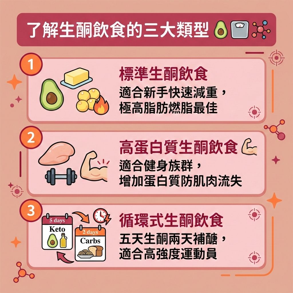 這是一張 1:1 正方形的扁平化向量資訊圖表插畫，主題為「了解生酮飲食的三大類型」，設計風格可愛、具教育性且帶有醫美專業感。圖表分為三個主要板塊，背景採用可愛的裸膚色底板鋪底，各板塊為圓角矩形卡片整齊排佈。內容詳細解析不同的生酮飲食模式，幫助大眾找到適合的減大肚腩方法。

生酮飲食的核心是大幅減少碳水化合物與葡萄糖攝取，轉而利用脂肪酸與酮體作為主要熱量來源。第一種「標準生酮飲食」適合新手，能迅速降低胰島素與血糖，有效控制熱量攝取與預防脂肪積聚，是燃燒深層脂肪與改善中央肥胖的好選擇，能快速瘦小腹。

第二種「高蛋白質生酮飲食」適合搭配減脂增肌飲食，攝取優質蛋白質與適量脂肪，能延長飽足時間並增加飽足感，同時提升基礎代謝與整體的基礎代謝率，幫助新陳代謝，有效消除腹部贅肉並降低體脂比例與體脂率。

第三種「循環式生酮飲食」交替進行，保護肝臟機能，幫助突破減肥停滯期。執行期間配合豐富膳食纖維能促進腸胃蠕動與排毒清腸宿便，並減少水腫與膽固醇問題，進而調節飲食結構並打造易瘦體質。

若想進一步塑造緊緻線條，醫學美容是極佳輔助。透過專業溶脂、局部減脂療程、無創減脂技術與精準的醫美定位修形，能安全高效地為您雕塑完美體態！底部為純淨留白區域。