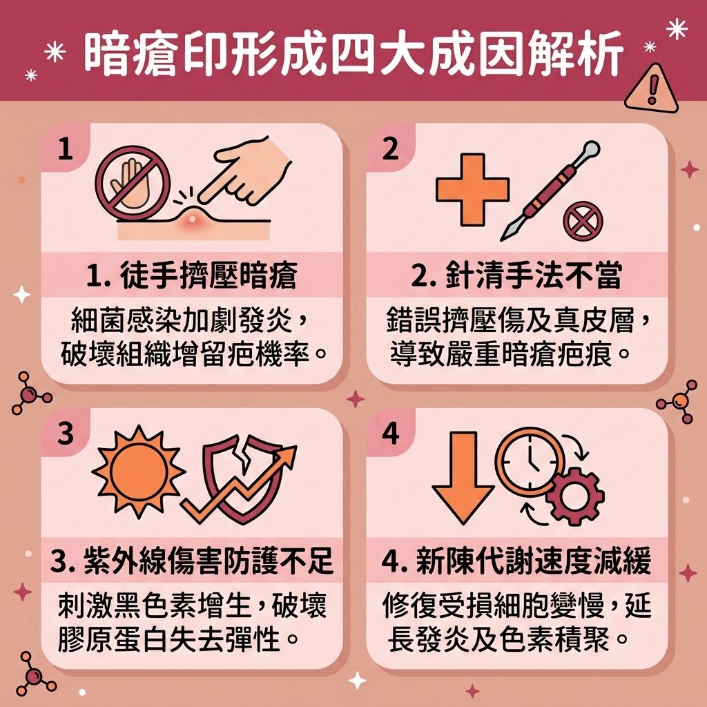 這是一張 1:1 正方形的扁平化向量資訊圖表插畫,採用台灣健康部落格風格,設計可愛且具備教育性醫美感。圖表頂部標題解析了【暗瘡】印的四大成因。首先,徒手擠壓會導致【皮脂腺】受感染,引發嚴重的【發炎反應】,造成【微絲血管】擴張並留下【紅印】。其次,不當針清會傷及深層的【真皮層】與【角質層】,留下難以復原的【暗瘡疤痕】。此外,紫外線會刺激【黑色素】增生並破壞底層【膠原蛋白】,而新陳代謝變慢則會阻礙肌膚修復。
為了【預防暗瘡復發】並達到徹底的【暗瘡疤痕修復】,我們不能單靠等待【暗瘡印自然消退】。圖表側邊提供了【醫美去印推介】與日常保養建議,作為有效的【退紅消炎方法】。日常保養可使用含【水楊酸】、【果酸】或【杏仁酸】的產品來【溫和去除角質】與【去角質煥膚】;並搭配含【維他命C】、【積雪草】及【透明質酸】的【暗瘡膏】或其他【去暗瘡印產品】來【深層補水保濕】、【鎮靜敏感肌膚】、【舒緩紅腫發炎】並【加速暗瘡癒合】。
若要進一步【淡化暗瘡紅印】、【收縮微血管】與【修復微絲血管】,【醫學美容】是最佳的選擇。透過專業的【激光去紅印療程】搭配【激光】或【脈衝光】技術,能有效【促進細胞更新】、【刺激膠原增生】並【改善色素沉澱】,最終成功【淡化黑色素疤痕】,讓肌膚重拾平滑健康!