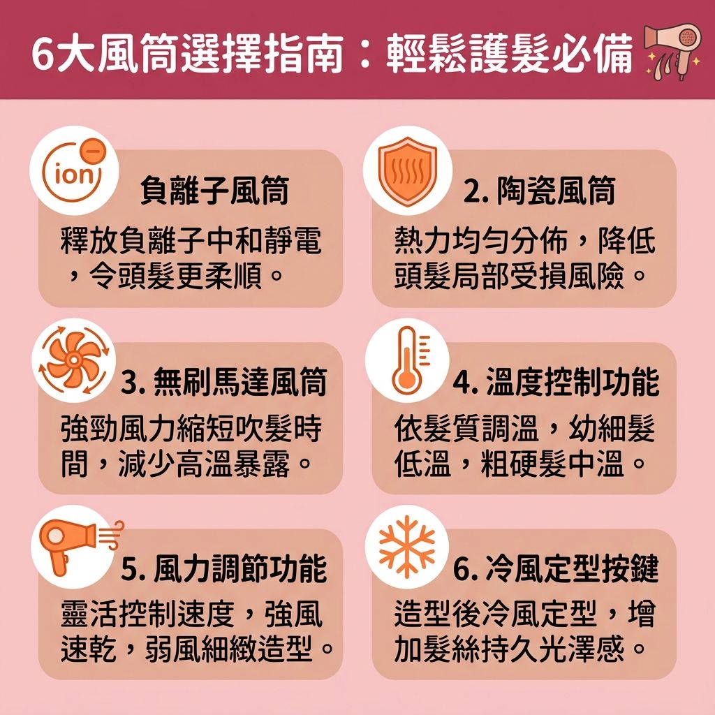 這是一張台灣健康部落格風格的 1:1 資訊圖表，教導大家正確吹頭方法與吹乾頭髮技巧。圖中展示如何挑選合適的風筒，發揮負離子風筒功效來減少頭髮靜電與消除靜電。洗髮時選對洗頭水，洗後先用毛巾輕印水分，避免濕髮梳頭傷害。接著進行吹頭前護理，塗抹護髮油補充水分與角蛋白，能有效鎖水保濕抗毛躁。

吹髮時要注意風筒溫度控制，避免高溫傷髮。運用冷熱風交替，配合梳子從髮根到髮尾順理，能增加髮根蓬鬆度並改善頭髮扁塌。記得要順住髮絲吹，利用合適的熱風與冷風及溫度，保護脆弱的毛鱗片（保護毛鱗片），達到減少髮絲斷裂、撫平毛躁頭髮與預防頭髮毛躁的效果，徹底告別毛躁與保護髮質。

圖表也提醒，發揮負離子功效並快速吹乾頭髮，能減少頭皮負擔，預防頭皮出油，保護脆弱的毛囊，從根本減少吹頭甩頭髮。這套流程能確保你的頭髮與髮絲健康亮麗。