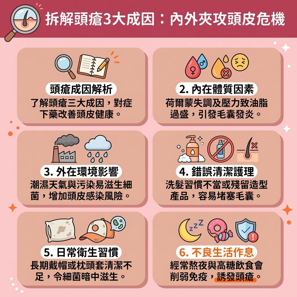 這是一張台灣健康部落格風格的 1:1 正方形資訊圖表，詳細解析了頭皮生粒粒原因與三大頭瘡成因。許多人受毛囊炎困擾，甚至導致頭皮發炎脫髮與脫髮危機。要尋找有效的毛囊炎解決方法，必先了解皮脂腺與毛囊的運作。荷爾蒙失調頭瘡、壓力與不良飲食會削弱免疫系統，導致荷爾蒙波動與油脂分泌過盛；而潮濕天氣會促使細菌、真菌與馬拉色菌滋生。為改善頭皮出油與控制皮脂分泌，我們需定期進行頭皮清潔療程與頭皮深層清潔護理，並學習正確洗頭步驟。圖表建議選擇合適的洗頭水，我們提供頭瘡洗頭水推介，包含去角質洗髮露，並建議搭配含水楊酸或茶樹油的頭瘡膏推薦，以達到頭皮抗菌消炎與保護角質層的效果，從而消除頭皮紅腫痛並舒緩頭皮痕癢。在治療頭皮暗瘡（或稱暗瘡）時，除了尋求中醫調理頭瘡或頭瘡自然療法，也應注重頭皮敏感護理，這能有效預防頭瘡復發，維持頭皮健康。若情況嚴重，應諮詢皮膚科醫生，必要時處方抗生素以策安全。