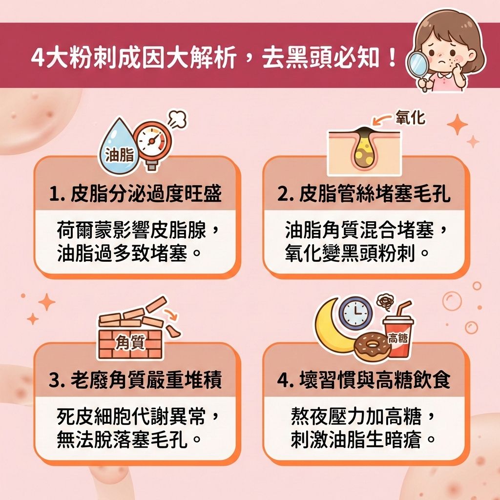 這是一張台灣健康部落格風格的正方形醫美資訊圖表，詳細解說四大粉刺與黑頭成因。圖中女孩正煩惱著臉上的肌膚問題。當我們壓力大或飲食高糖，會刺激皮脂腺分泌過多油脂。若角質層代謝不良，死皮會與油脂結合形成角栓，進而導致毛孔堵塞。氧化後就變成黑頭，甚至發炎成暗瘡。
為了預防暗瘡形成與減少黑頭粉刺，我們需要深層清潔毛孔與疏通堵塞毛孔。日常應使用卸妝油徹底卸除彩妝，搭配溫和洗面乳來溫和潔淨肌膚，但要避免過度清潔以保護皮膚屏障，達到修復受損屏障與舒緩紅腫發炎的效果。
針對頑固粉刺，可使用含果酸、水楊酸或杏仁酸的護膚品，或定期敷泥膜，能有效去除老廢角質、溶解堆積油脂並溫和導出黑頭。這有助於控制油脂分泌、調節水油平衡、促進細胞代謝，進而改善粗糙膚質與緊緻粗大毛孔。處理時切記避免過度擠壓，局部突發狀況可貼上微針****暗瘡貼急救。
若情況未改善，建議諮詢專業皮膚科醫生。圖表下方特別推薦香港專業醫學美容療程，包含激光去印療程與「暗瘡分手療程」，助您輕鬆重拾光滑美肌！