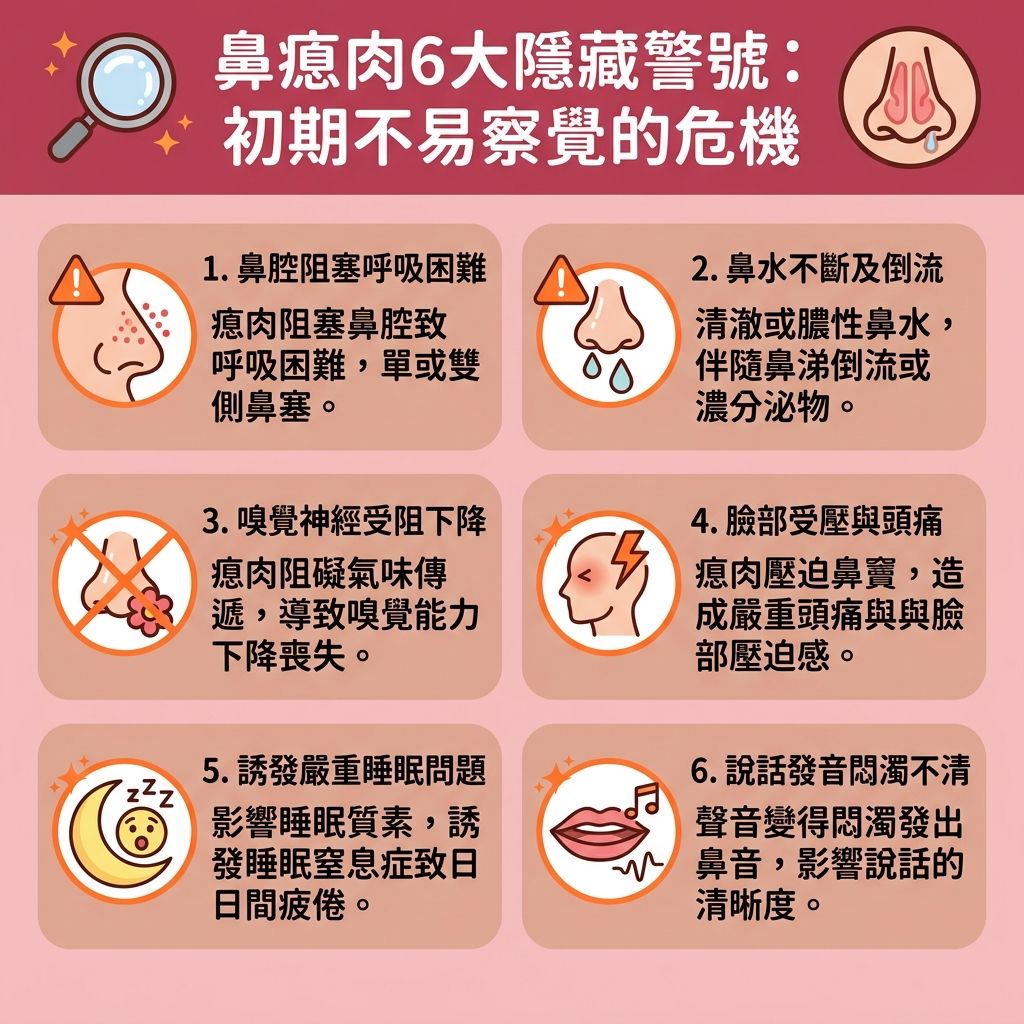 這是一張台灣健康部落格風格的 1:1 正方形扁平化資訊圖表,詳細解說【鼻瘜肉】。圖表探討了【鼻瘜肉成因】與常見的 6 大【鼻瘜肉症狀】。當異常【組織】增生或【鼻黏膜腫脹】時,會嚴重影響【黏膜】與【鼻腔】空間,導致長期【鼻塞】。患者會發現【鼻腔分泌物增多】,流出濃稠【鼻水】,這也是常見的【嗅覺減退原因】(影響【嗅覺】傳遞)。
若瘜肉過大壓迫到【鼻竇】,極易引發或加重【鼻竇炎】與【鼻敏感】,需要及早尋求【解決鼻塞方法】與【舒緩鼻敏感症狀】。嚴重的鼻瘜肉會阻礙【呼吸道】,導致睡眠時打【鼻鼾】,甚至引發【睡眠窒息症】。為【改善用口呼吸】、【降低鼻鼾頻率】並【解決打鼻鼾】,患者必須積極【改善呼吸道阻塞】以全面【改善睡眠質素】。
建議患者前往專業【診所】尋求【醫生】或【耳鼻喉科】的【耳鼻喉科專科診斷】。透過精密的【內視鏡】進行【鼻內視鏡檢查】,可制定有效的【鼻竇炎治療】與【預防鼻瘜肉】方案。初期可使用【類固醇】藥物(如【類固醇噴鼻劑】)控制;若情況嚴重,則需考慮進行【切除鼻瘜肉手術】或先進的【鼻瘜肉微創手術】(【微創】【手術】)。精準的治療能徹底清除病灶,減少【鼻瘜肉復發】機會,讓呼吸重拾暢通。