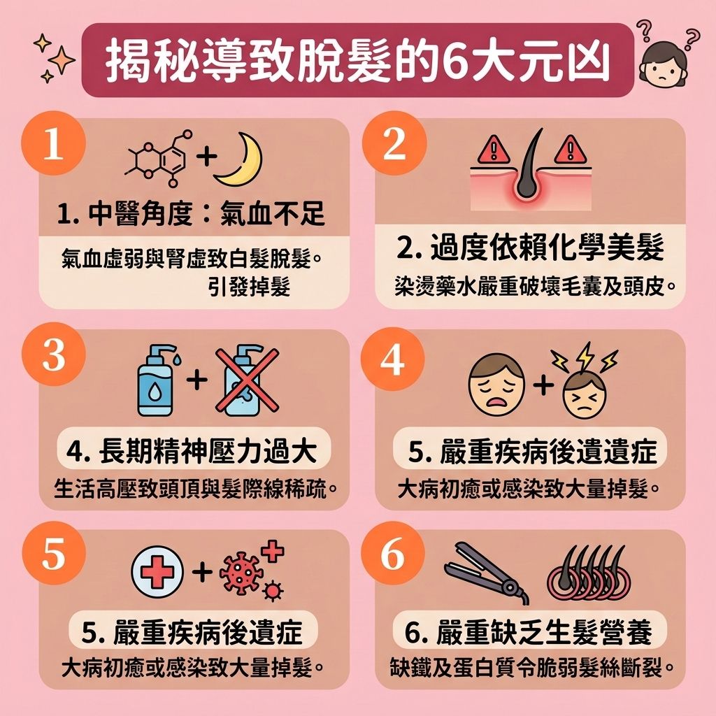 這是一張 1:1 正方形的可愛扁平化向量圖,以台灣健康部落格風格解析六大脫髮原因與【預防脫髮方法】。圖表說明壓力與疾病會產生大量【自由基】,必須積極【對抗自由基】與【抗氧化防脫髮】來保護【頭皮】與【毛囊】。錯誤洗護會擾亂【皮脂腺】,我們需【平衡頭皮油脂】並【改善頭皮環境】。
中醫指出氣血不足會引起掉髮,建議【促進頭皮血液循環】(維持良好的【血液循環】),幫助【紅血球】輸送氧氣,以【改善貧血脫髮】。日常飲食應攝取【豐富蛋白質食物】如【雞蛋】與【黑芝麻】,以補充【蛋白質】、【膠原蛋白】與【角蛋白】。
要【解決掉髮問題】並【減少掉髮數量】,必須積極【補充頭髮營養】,攝取【鐵質】、【鋅質】與【生物素】。此外,圖中建議服用【防脫髮保健品】或專門的【脫髮維他命】(包含【維他命A】、【維他命B群】、【維他命C】、【維他命D】、【維他命E】)。這些養分能【滋養脆弱髮絲】、【強健脆弱髮根】、【延緩毛囊老化】、【激活休眠毛囊】並【刺激毛囊再生】。最終達到【改善頭髮稀疏】、【增加頭髮密度】及【促進頭髮生長】的完美效果!