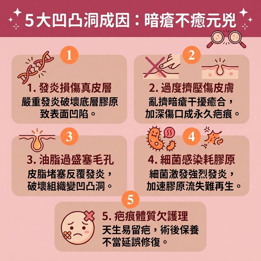 這是一張 1:1 扁平化設計的可愛資訊圖表，採用台灣健康部落格風格，主題為 5 大【凹凸洞】成因。圖中插畫生動展示了當【皮脂腺】異常分泌油脂堵塞【毛孔】時，會引發【暗瘡】與嚴重的【發炎反應】。如果不當擠壓，會進一步破壞表面的【角質層】與深層的【真皮層】，導致【纖維組織】斷裂與【膠原蛋白】流失，最終形成難以處理的【暗瘡疤痕】與【黑色素】沉澱。

許多人錯誤期望【凹凸洞自然修復】或【暗瘡印自然消退】，但受損組織在漫長的【暗瘡疤痕修復期】中極難自行恢復。圖表側邊提供了專業的【凹凸洞治療方法】建議：日常保養可使用含【果酸】、【水楊酸】或【維他命A醇】的產品來【溫和去除角質】，幫助【加速新陳代謝】並【預防暗瘡復發】；同時可補充【透明質酸】加強保濕。

若要做到真正的【深層組織修復】並【重塑平滑美肌】，圖表強烈建議尋求【醫學美容】的專業【醫美去印推介】。透過【微針】與專屬的【微針去印療程】能有效【促進細胞更新】；而利用【激光】、【皮秒激光】及【射頻】等高階【激光去疤推薦】療程，則能精準【刺激膠原增生】，【填補肌膚凹陷】，【撫平面部疤痕】，【改善皮膚粗糙】，【淡化黑色素疤痕】，並【收細粗大毛孔】，達到【修復受損肌膚】的最佳完美效果。