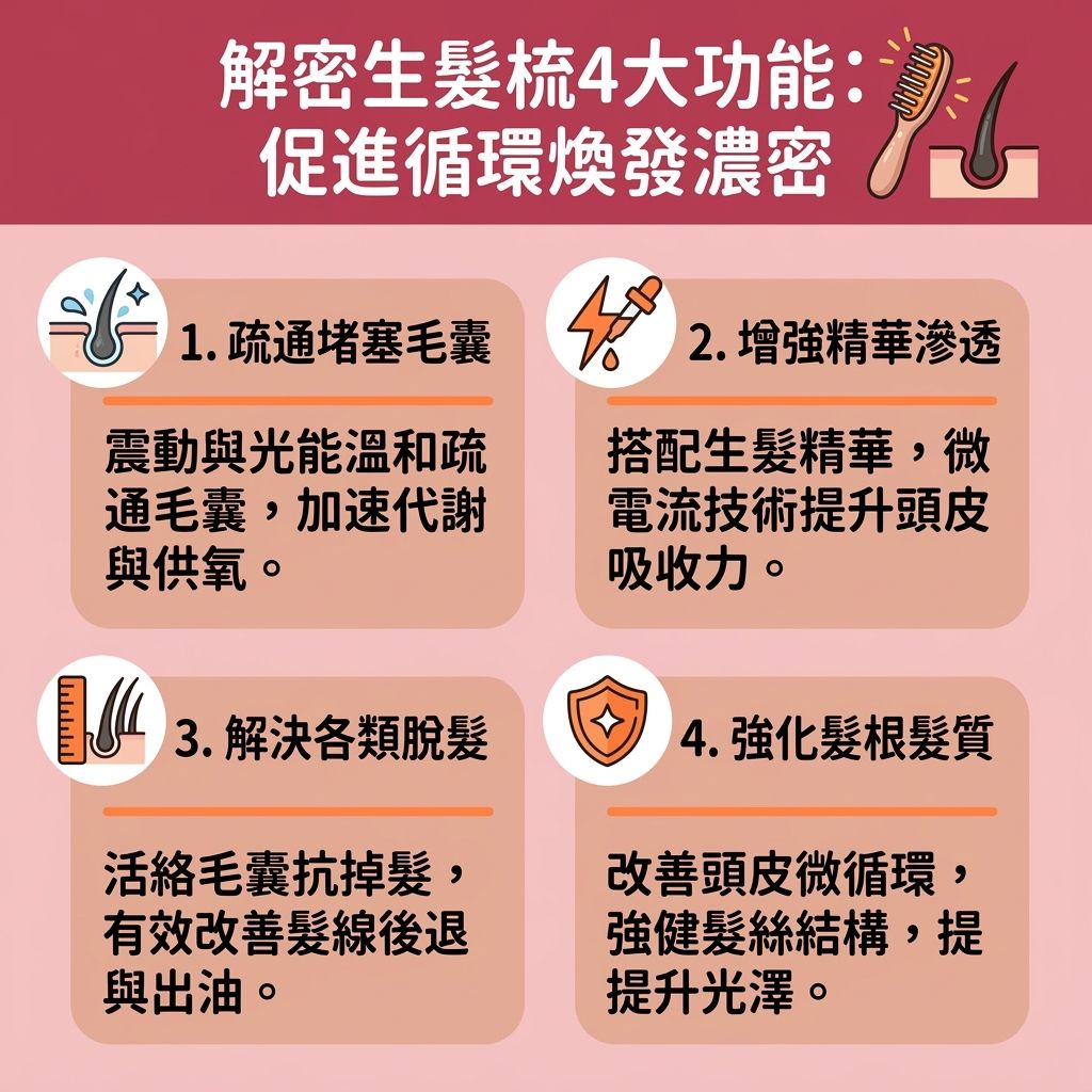 這是一張台灣健康部落格風格的 1:1 正方形扁平化資訊圖表,詳細圖解家用生髮儀器之一的生髮梳。許多人常問生髮梳有用嗎?圖表深入分析了激光生髮梳效果與生髮梳使用方法,指出它能透過低能量激光與紅光進行紅光生髮治療,並結合微電流來達致頭皮按摩生髮。這不僅能幫助清除多餘油脂,更促進細胞產生三磷酸腺苷,進而提升新陳代謝並促進頭皮血液循環(改善血液循環)。
圖表建議在保養時,可以配合生髮水使用或導入生髮精華與其他營養素。這能顯著刺激毛囊生長、喚醒休止期毛囊並穩定頭髮週期,有效延長毛髮生長期以減少掉髮數量。對於面臨脫髮、雄性禿的人來說,這有助於治療初期脫髮、解決髮線後移及改善頭髮稀疏。同時,光能刺激能促進膠原蛋白生成,進一步強化髮根健康與增強髮絲韌度,穩固髮根與毛囊,全面保護頭皮。
在選擇產品時,民眾常會進行防脫髮產品比較,建議參考具備安全認證的生髮梳推薦名單,以避免不必要的生髮梳副作用。若有嚴重落髮疑慮,請務必尋求皮膚科醫生的專業評估。