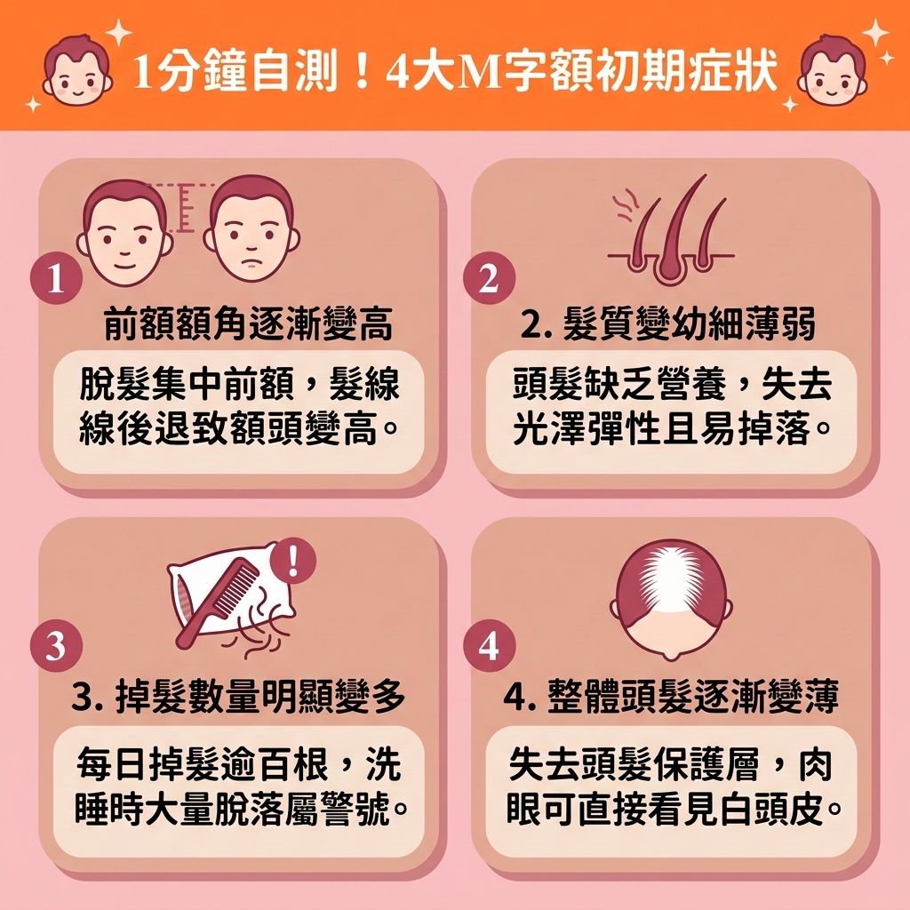 這是一張 1:1 正方形的可愛扁平化向量資訊圖表，採用台灣健康部落格風格，教導大眾一分鐘自測【雄性禿初期特徵】。圖表詳細解析了【髮線後移成因】，指出當【遺傳】因素或巨大【壓力】影響時，體內的【睪酮】等【荷爾蒙】會異常轉化為【雙氫睪酮】。這不僅會刺激【皮脂腺】異常分泌並破壞【角質層】，更會直接攻擊【真皮層】內的【毛囊】，導致【前額】與【額角】的【髮線】不斷向後退，引發【雄性禿】及嚴重的【脫髮】危機。

為了落實【預防脫髮方法】並有效【解決前額稀疏】，我們必須積極【改善頭皮環境】。圖表建議日常可進行【頭皮深層清潔】以【舒緩頭皮壓力】，並挑選合適的【防脫髮洗髮露】。同時，維持良好的【血液循環】能【促進頭皮血液循環】，幫助輸送【蛋白質】等養分以【補充頭髮營養】。

若要【改善額角脫髮】並【延緩毛囊萎縮】，除了及早使用含藥性的【生髮水】來【抑制男性荷爾蒙】外，圖中也強烈建議尋求【醫生】協助。透過【專業生髮療程】能有效【激活休眠毛囊】、【刺激毛囊再生】並【延長頭髮生長期】，進而【強健脆弱髮根】、【減少掉髮數量】並【增加頭髮密度】。若【頭皮】已大面積外露，