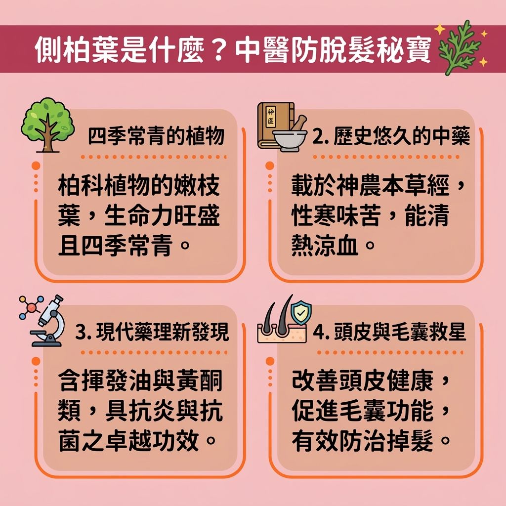 這是一張台灣健康部落格風格的 1:1 正方形扁平化資訊圖表，詳細介紹了側柏葉的功效。圖表說明中醫認為它能調理氣血與肝腎，是極佳的天然防脫髮方法。許多人面對脫髮、斑禿、白髮或脂溢性脫髮時，會尋求專業的中醫調理脫髮。透過側柏葉洗頭功效，能改善頭皮出油、舒緩頭皮痕癢並促進血液循環（達致活血化瘀生髮），從而刺激毛囊生長與延緩毛囊萎縮。

圖中比較了各種民間偏方，例如側柏葉煮水洗頭、搭配生薑或米酒的側柏葉泡酒生髮等側柏葉生髮偏方。這些方法富含營養素，能加速新陳代謝，促進黑色素生成，幫助預防白髮變黑，並有效強化髮根健康。無論是為了解決頭髮稀疏、達致脂溢性脫髮改善，或是尋求改善產後脫髮的對策，使用含有此成分的洗頭水（可參考側柏葉洗頭水推薦）都能減少掉髮數量，保護頭皮、髮根與毛囊，最終促進頭髮生長。當然，使用前應充分了解側柏葉副作用，必要時請教皮膚科醫生，以確保安全。