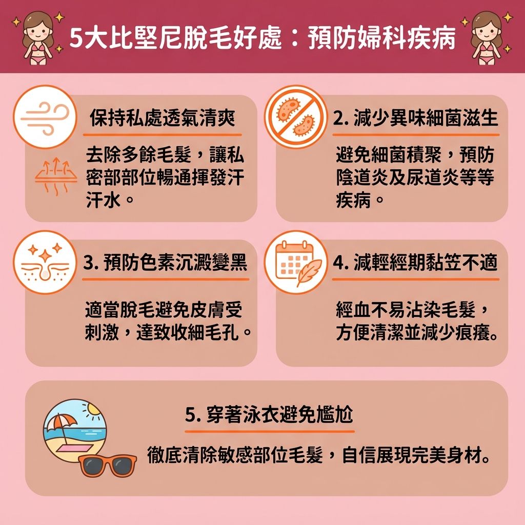 這是一張台灣健康部落格風格的 1:1 正方形資訊圖表，深入探討比堅尼脫毛推薦與私密處脫毛保養。在適合脫毛季節，許多人考慮處理比堅尼位與私密處的毛髮。若使用傳統的剃刀、蜜蠟或化學脫毛膏，常會經歷蜜蠟脫毛痛楚，並引發嚴重的拔毛後遺症，例如傷害皮膚與角質，導致毛囊發炎（需要解決毛囊發炎）、出現紅腫與炎症，甚至促使黑色素積聚。

為避免皮膚灼傷並達到減少色素沉澱，必須了解激光脫毛原理。專業醫生建議選擇無痛激光脫毛，其特定的波長與穩定的能量能穿透至毛囊底層。相較於自己研究家用脫毛機比較與光學脫毛機用法，專業的光學脫毛機（具備冰感技術）或專業激光療程更能提供安全保障，幫助舒緩脫毛紅腫。

圖表教導大家在決定比堅尼位形狀後，只要完成足夠的脫毛療程次數，便能達到夢寐以求的永久脫毛效果。這不僅能處理面毛，更能有效改善毛髮倒生。配合正確的脫毛前後護理與溫和去角質，能保護嬌嫩肌膚，成功收細粗大毛孔，讓毛孔隱形，全面提升私密處健康。